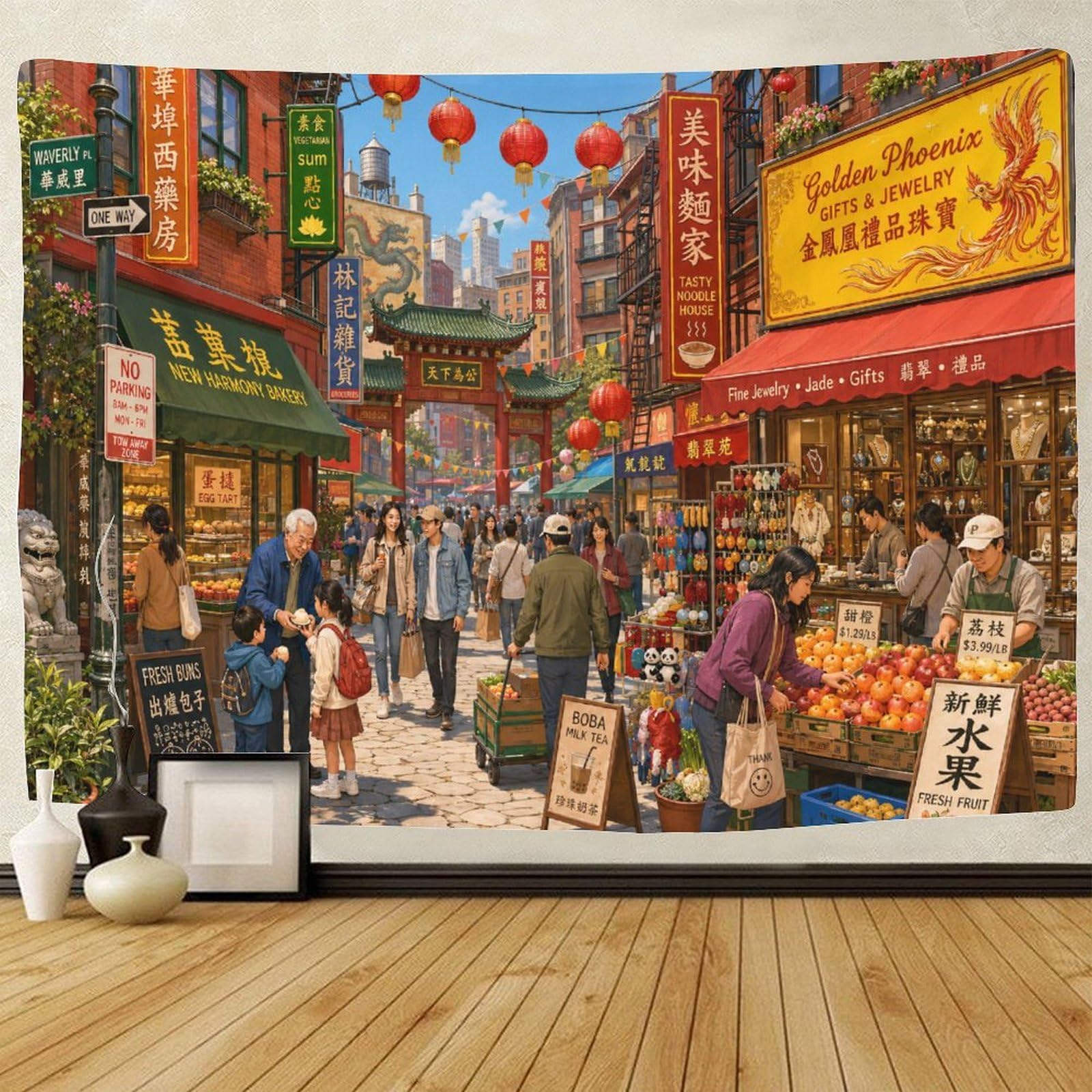 GPMNBCXZK Vintage Chinatown Street Wall Art Decor 3D Print Wall Tapestry Tapestries Home Decoration Curtain Bedroom Dorm 130cmx150cm