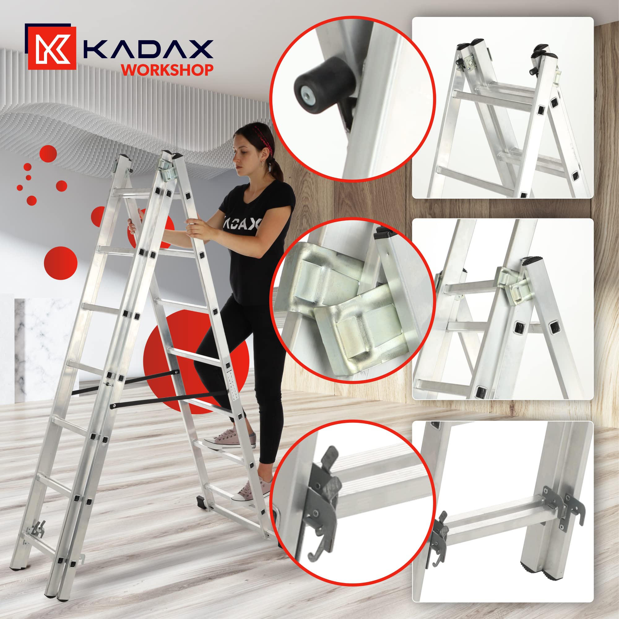 KADAX Drabina aluminiowa składana 3 - stopniowa, udźwig 125 kg, stopnie antypoślizgowe, półka na narzędzia, lekka i stabilna do domu i warsztatu