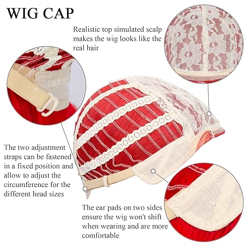 Miniatura 5 de Peluca roja de disfraz para mujer, 26 pulgadas de largo, lacio, peluca de pelo rojo, parte media, pelucas sintéticas de Halloween Cosplay