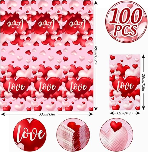 Miniatura 2 de AnyDesign - Paquete de 100 servilletas de papel desechables para el día de San Valentín, diseño de corazón rojo y blanco, servilletas de papel