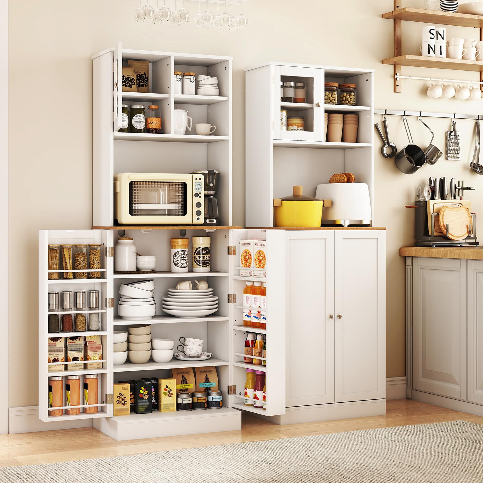 KOMFOTTEU Hohe Küchenschrank 170 cm mit verstellbaren Regalen, Buffetschrank mit Kabellöchern, Tür aus gehärtetem Glas, Buffet für Wohnzimmer, Esszimmer, Mehrzweckschrank 60 x 35 x 170 cm, Weiß
