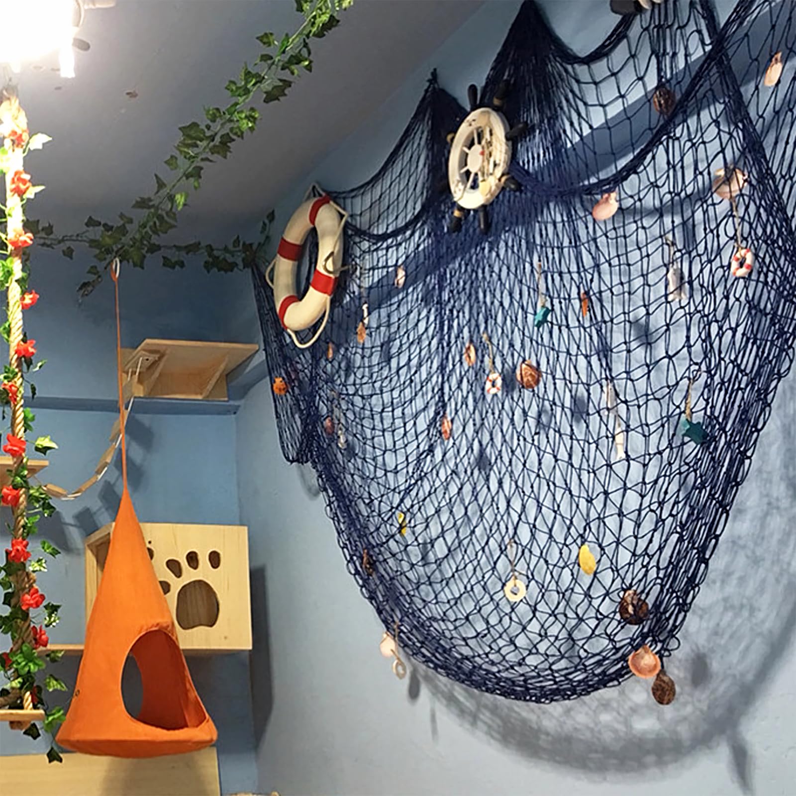 79 x 59 inch Nature Fish Net Wall Decoration with Colorful Sea Shells and 10 Pcs Natural Starfish Ocean Themed Mediterranean Style Fishing Net for Beach Party,Wedding,photography Wall Decoration