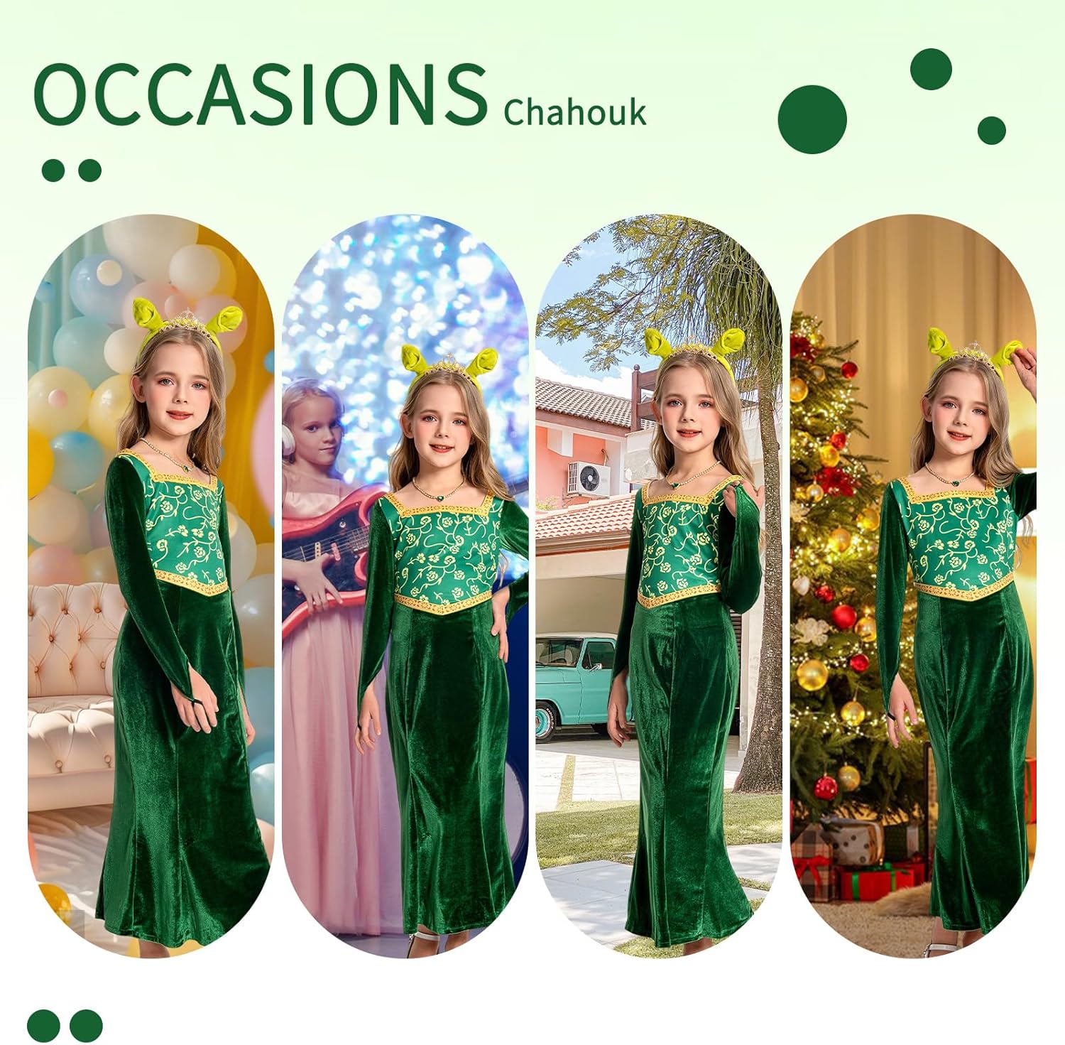 Girls Princess Costume Dress Pretty Green Gown Halloween Long Sleeve Outfit Birthday Party Cosplay Dress Up