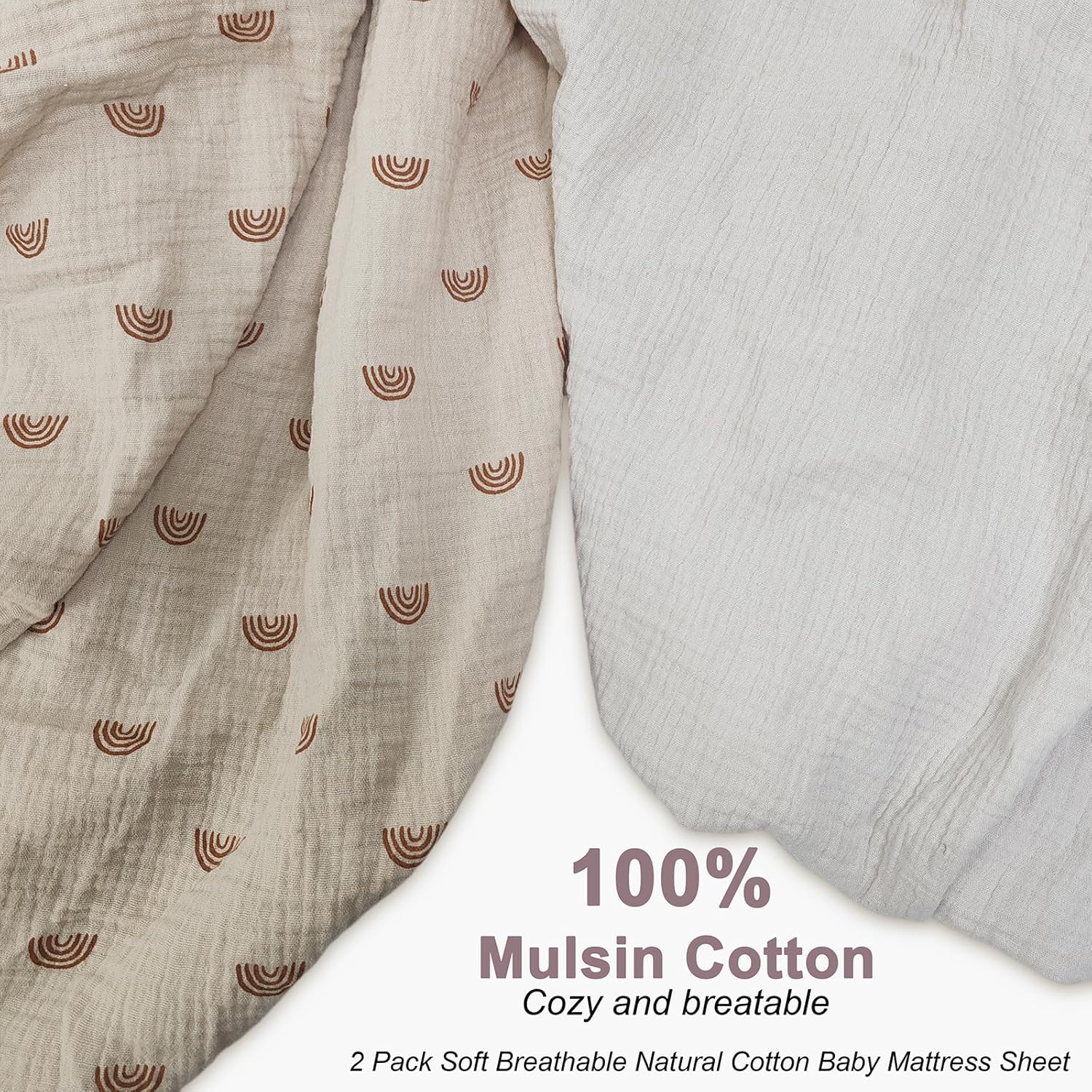 Zdolmy Muslin Crib Sheets for Girl Boy, 2 Pack 100% Cotton Crib Sheet for Standard Crib Mattress(28"x 52"), Fitted and Soft Breathable Crib Mattress Sheet, 360° Wrapping (Cream & Rainbow) - Image 2