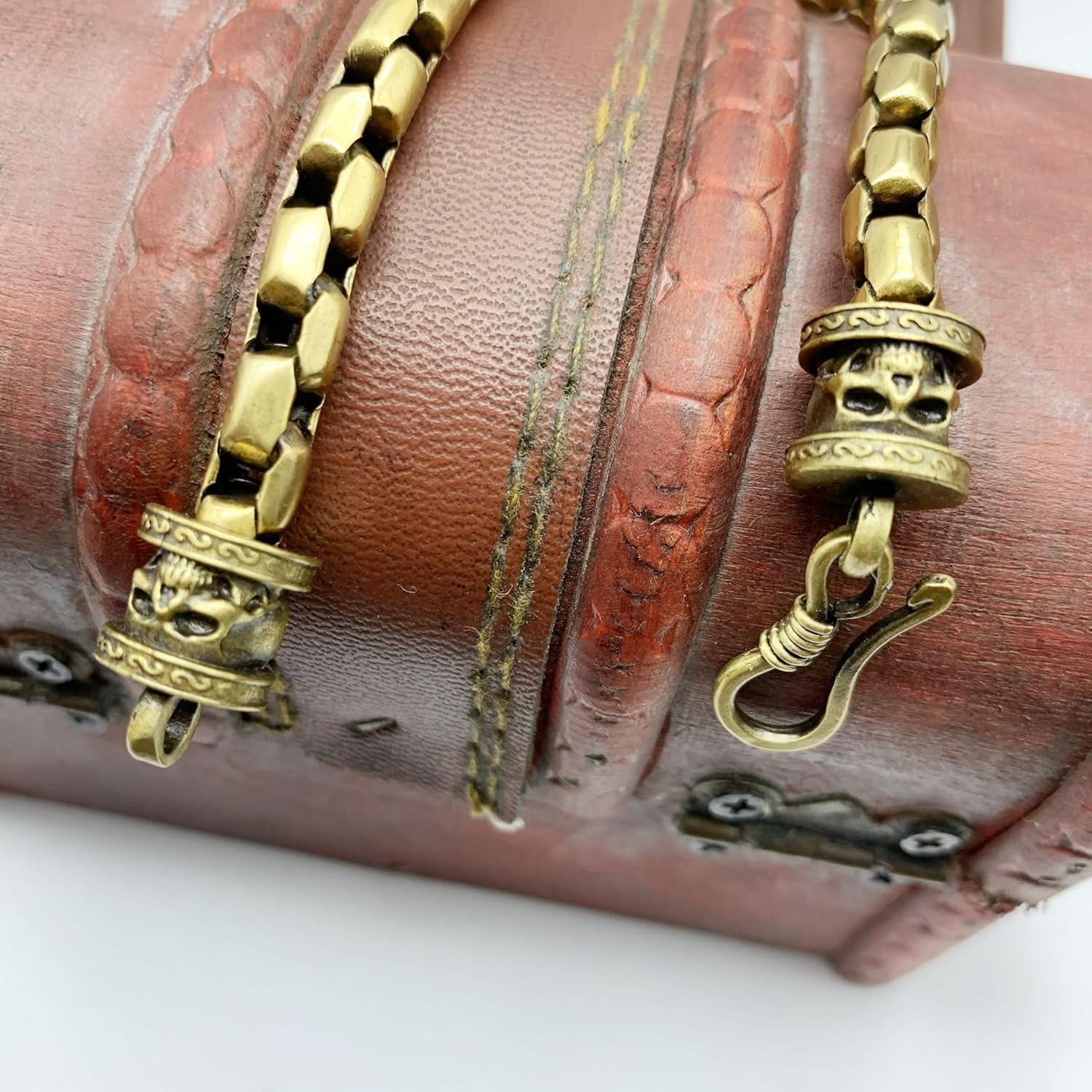 Brass Skull Chain Bracelet for Men - Handmade Vintage Link Cuff Antique Jewelry Accessory,220mm(8.66inch)