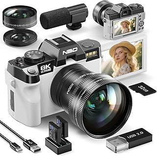 NBD 8K 6400万画素 デジタルカメラ【Wi-Fiとアプリ制御】16倍ズーム 一眼レフカメラ 180°フリップスクリーン | オートフォーカス·手ぶれ補正 |マクロ+広角レンズ＆ウェブカメラ機能 | 64GB TFカード＆2個のバッテリー付属 (ホワイト)