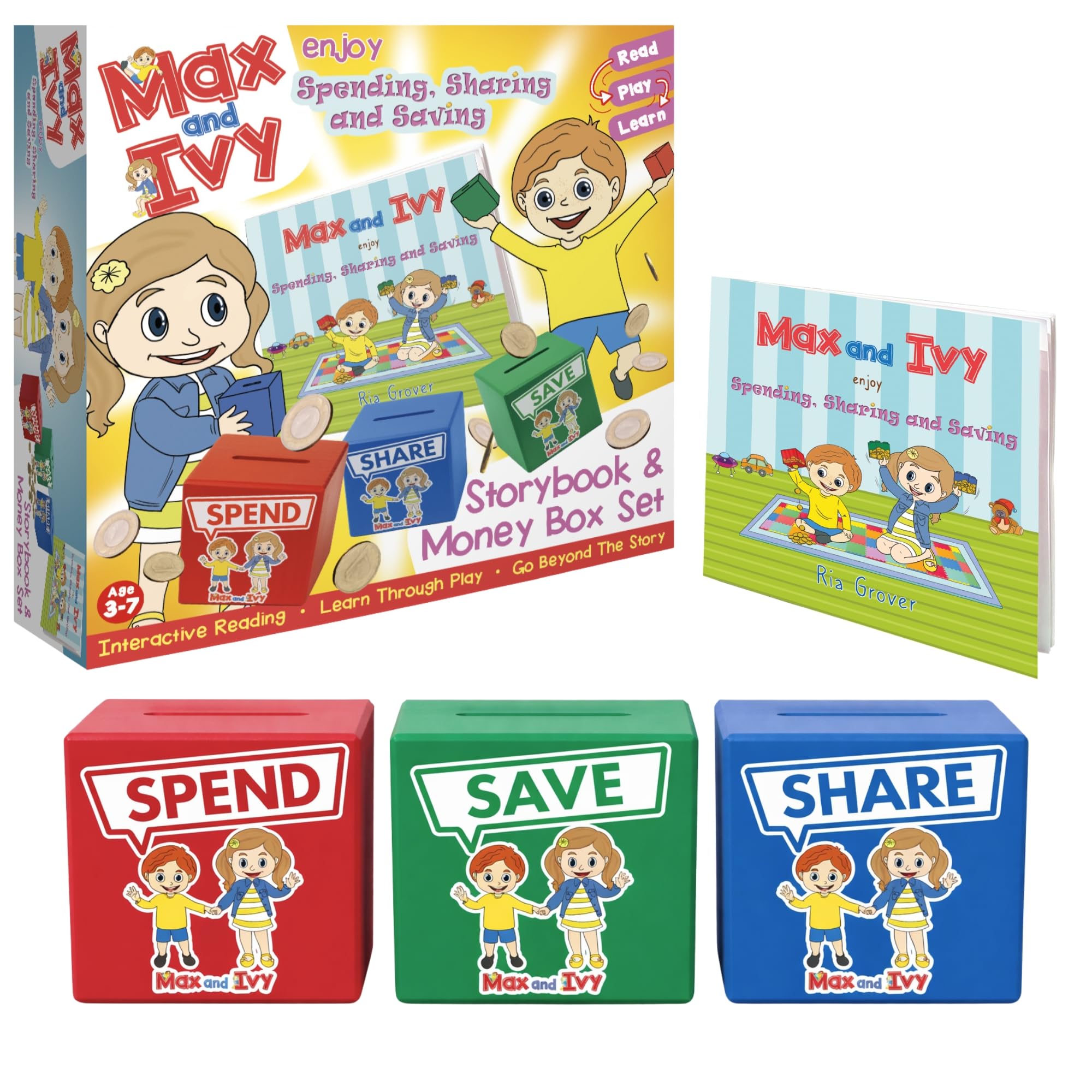 Max And Ivy Boys Multicolor Money Boxes For Kids – 3 Piggy Banks Set For Saving, Spending & Sharing – Teaches Financial Literacy Ages 3-7 – Includes Fun Illustrated Storybook – Kids Wooden Money Bank Game –