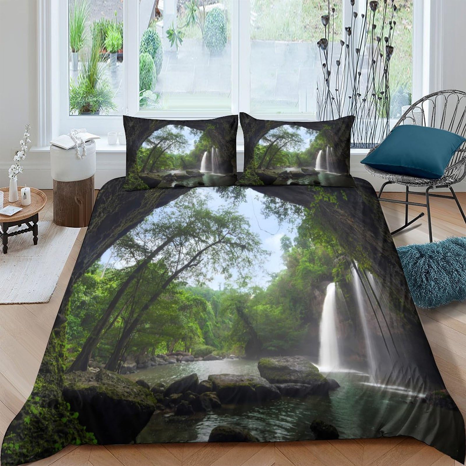 Ctjqhvkz Style-2 3D Printed Waterfall Forest Fitted Sheet Microfiber Soft Anti-Slip Bed Sheet Nature Scenery Bed Cover Bedroom Decor Single（135X200cm）