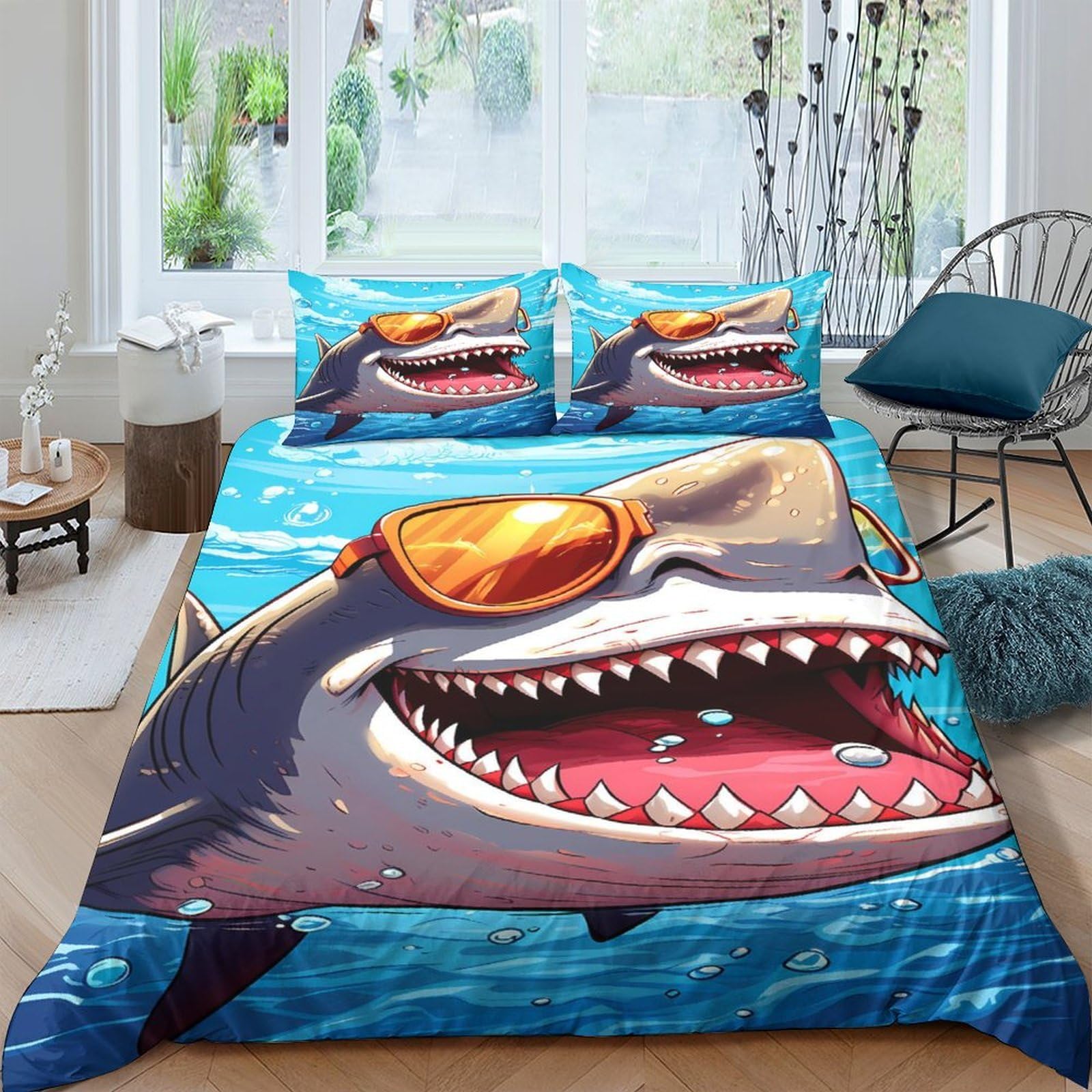 Ctjqhvkz Style-2 3D Printed Shark Sunglasses Fitted Sheet Microfiber Fun Blue Ocean Bed Cover For Bedroom Guest Room Dorm Single（135X200cm）