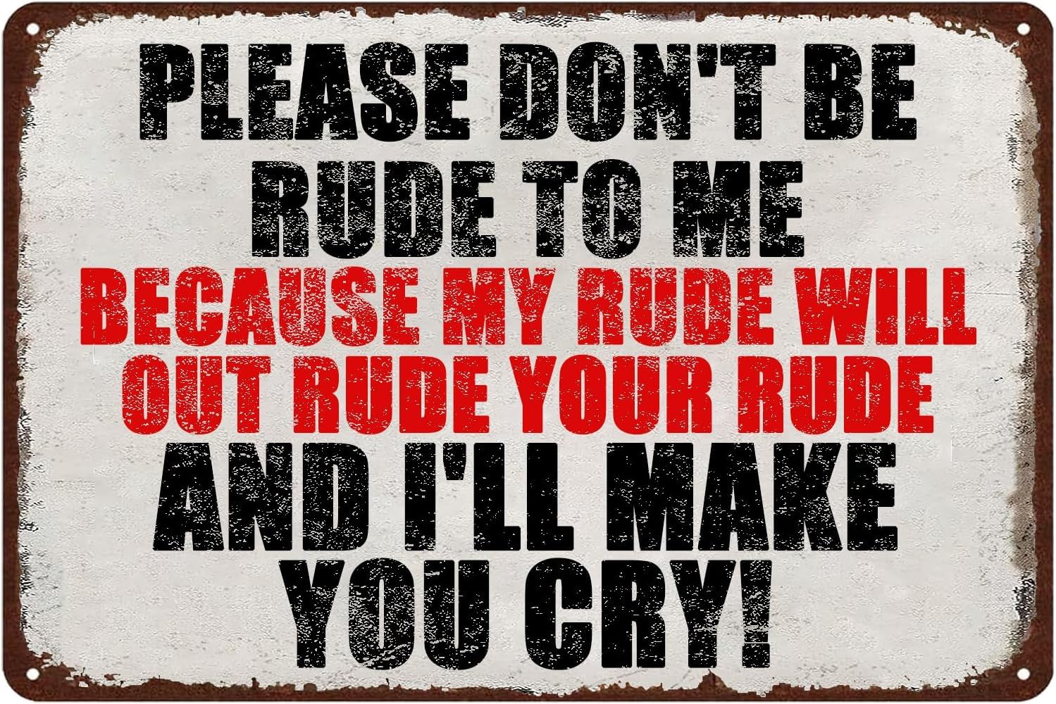 Anceky Warning Metal Sign Please Don't Be Rude To Me Because I'll Make You Cry Funny Tin Signs, Humor Man Cave Bar Garage Wall Decor 8x12 Inch