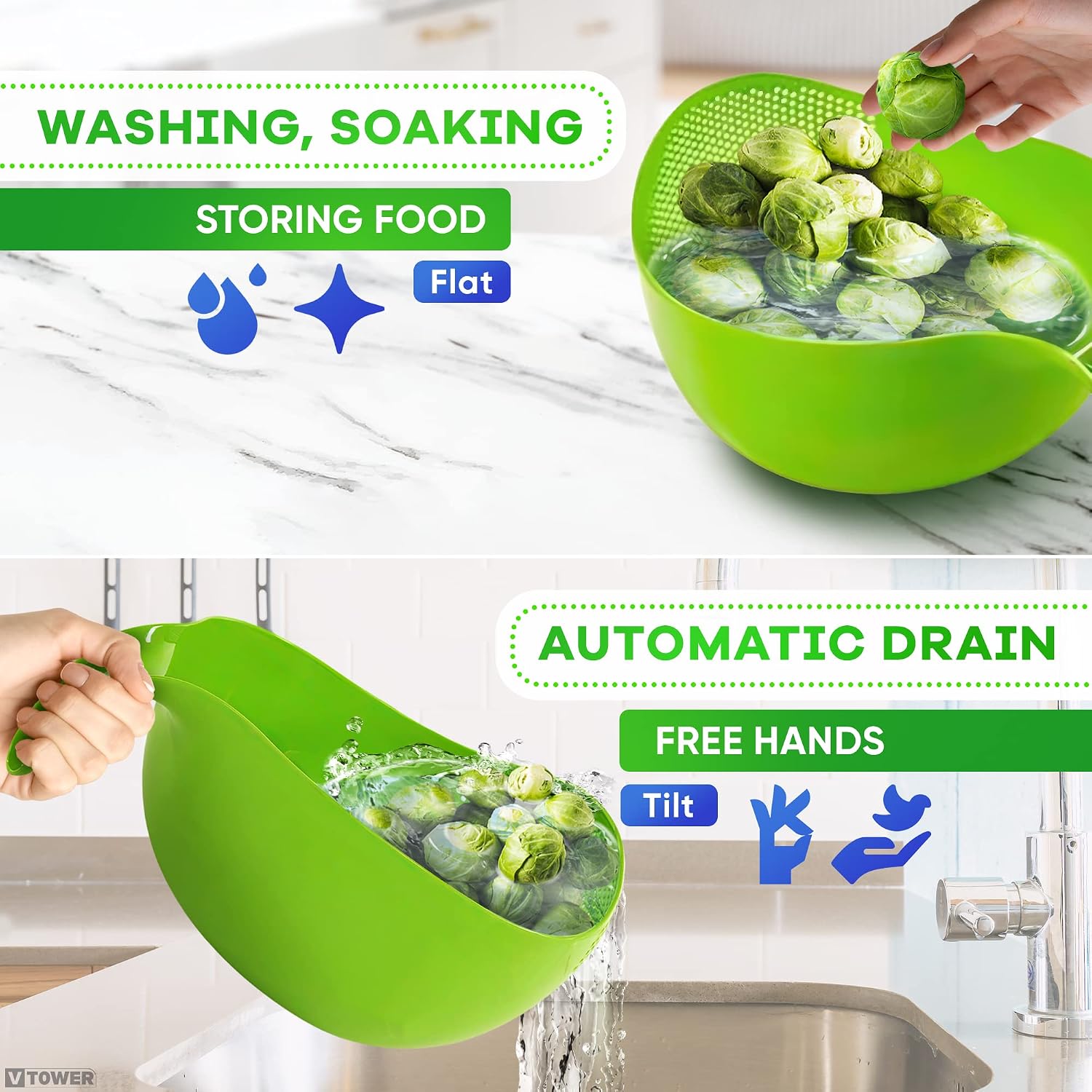 V TOWER Rice Washer Strainer Bowl - Plastic Colander Strainer Quinoa Strainer with Handle Rice Washing Bowl Cleaning Basket - Plastic Strainer for Rice Veggie and Fruit Wash Kitchen Strainer