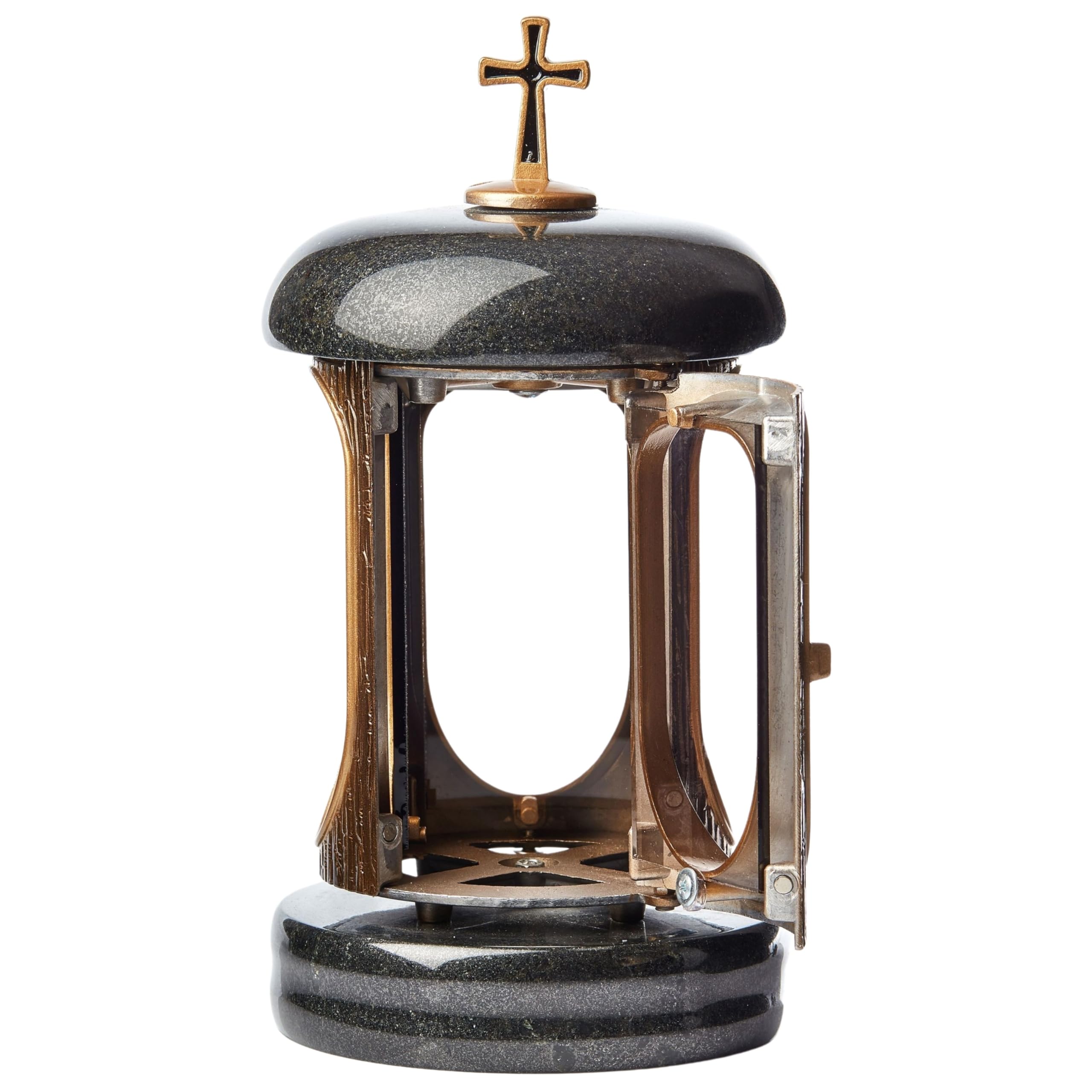 Novecrafto Black And Gold Large Round Granite Memorial Lantern – H 8.6" (22Cm) Black Graveside Tribute With Cross & Antique Gold Frame - Funeral Gift, Cemetery Grave Ornament, Memory Candle Holder For Graveyard