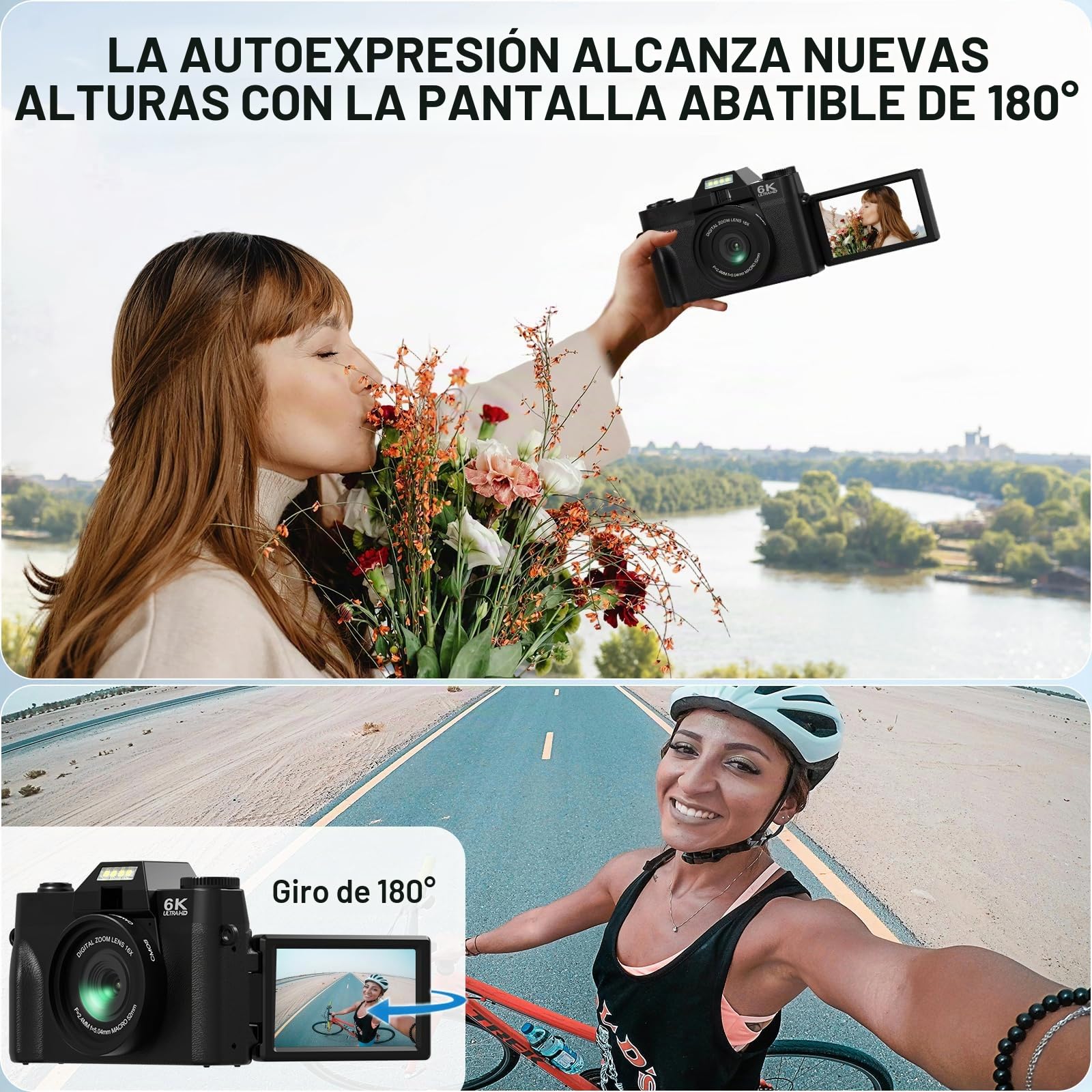 Camara Digital 6K 64MP para Vlogging con WiFi, Tarjeta TF de 64 GB, Micrófono, Enfoque Automático, Zoom 16X. Camara de Fotos Digital Compacta para YouTube, Principiantes, Objetivo Macro y Gran Angular