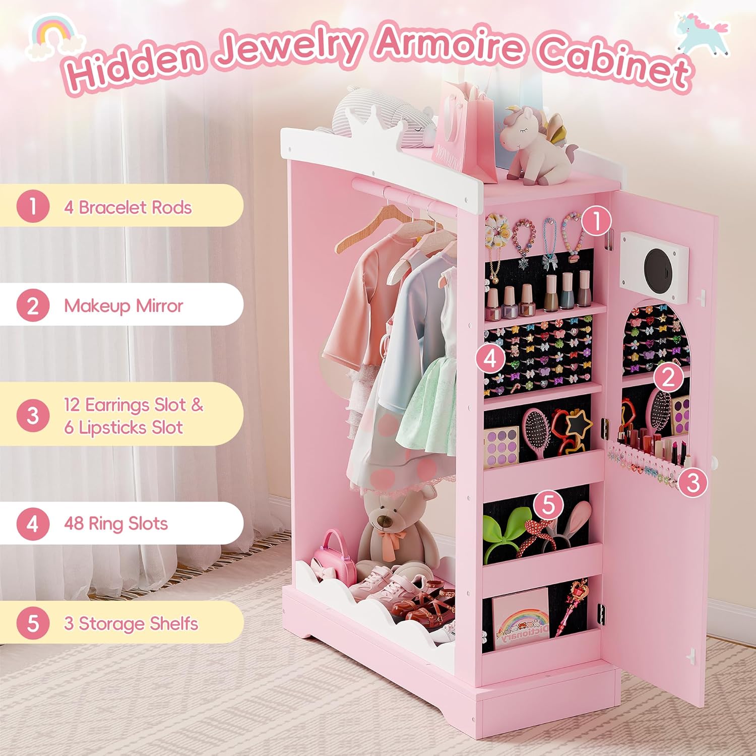 Xilingol Kids Armoire with Jewelry Cabinet, Dress up Storage with Mirror, Princess Dress Closet and Costumes Wardrobe Closet, Costume Organizer for Bedroom, Kids Room, Girls (Pink)