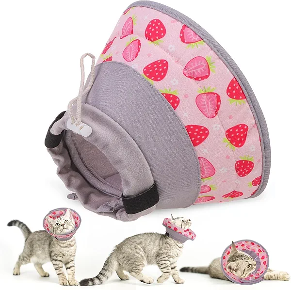EXPAWLORER Kitten Cone- Cat Recovery Collar Soft Adjustable Pet Collar for After Surgery, Waterproof Elizabethan Protective Collar, Stop Licking Donut for Small Kittens (Strawberries M (8.5-12 in))