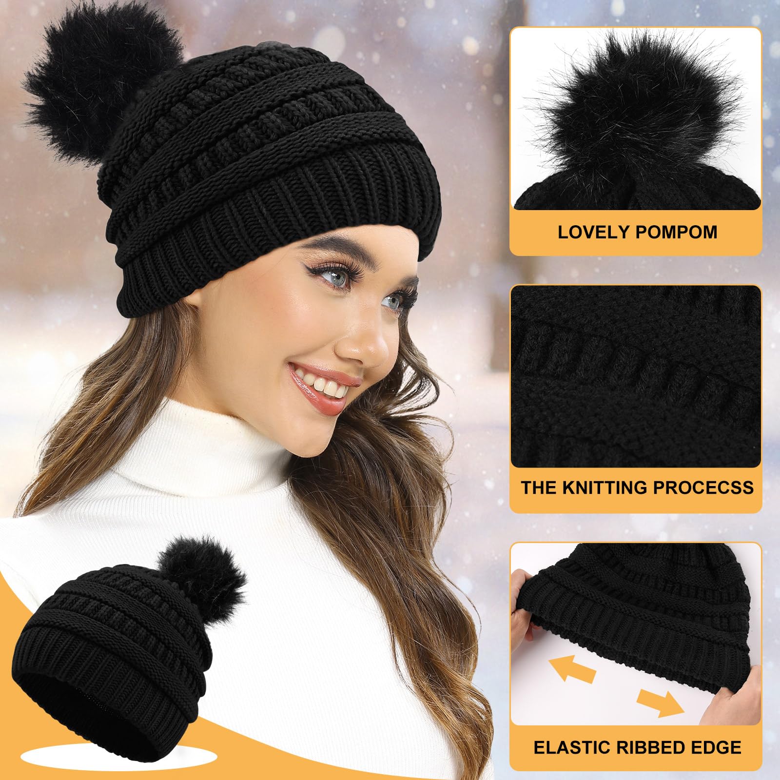 Packs Bonnet Écharpe Gants 5 en 1 Bonnet Hiver Pompon Echarpe Tricotés Gants Tactiles Cache-Oreilles Extensible Chaussettes Chaud avec Doublure Polaire pour Femme