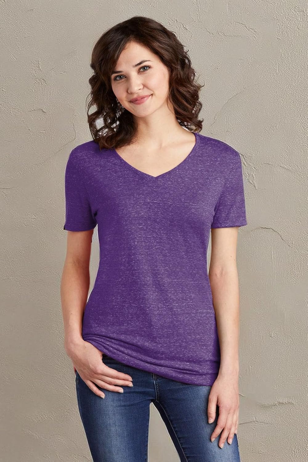 JERZEES Ladies Snow Heather Jersey V-Neck T-Shirt 88WV M Purple - Image 5