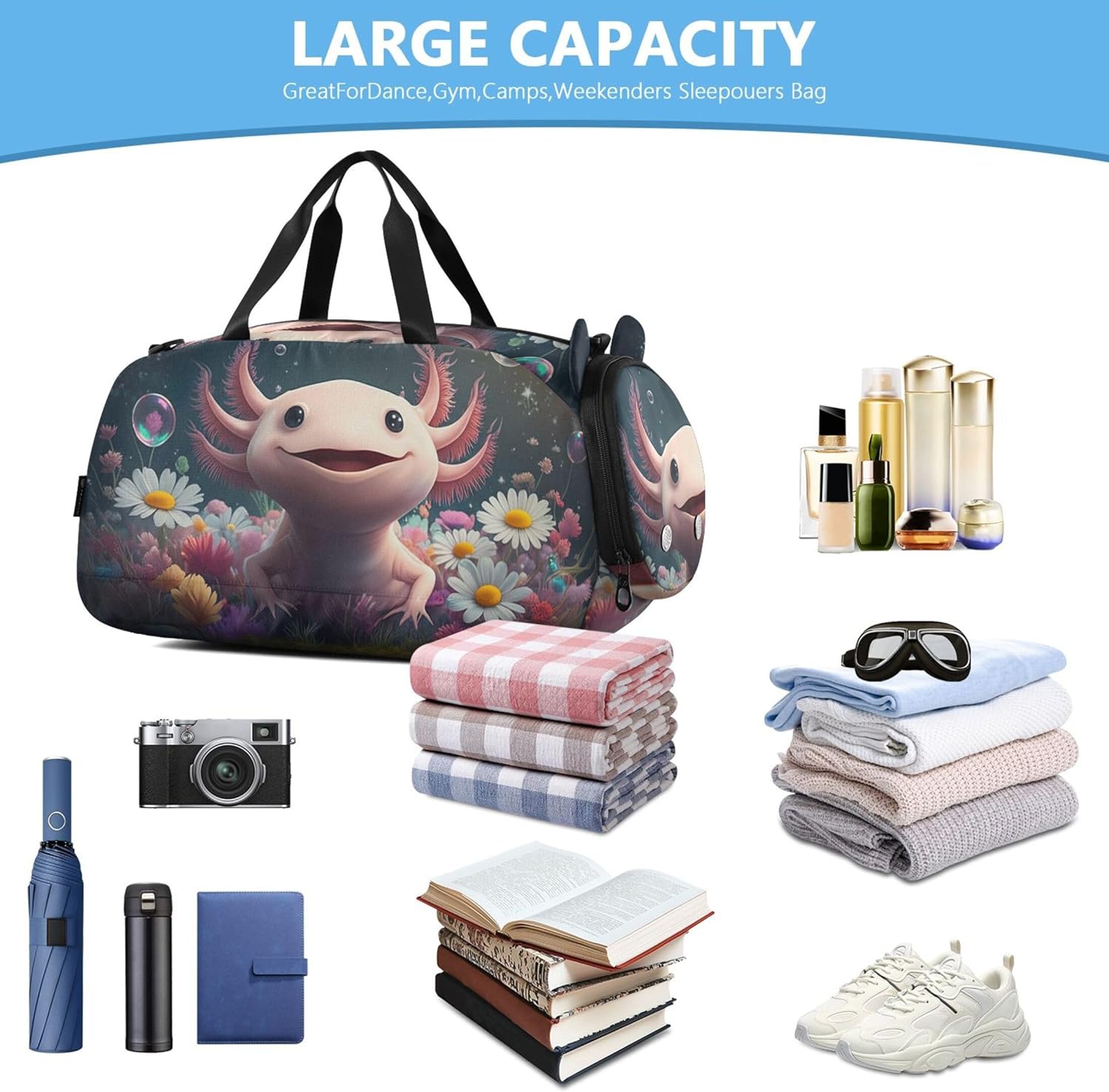 Cute Pink Axolotl Floral Girls Duffle Bags Travel Tote Weekend Duffel Overnight Gym Kids Luggage Carry on Duffel Bag Boy