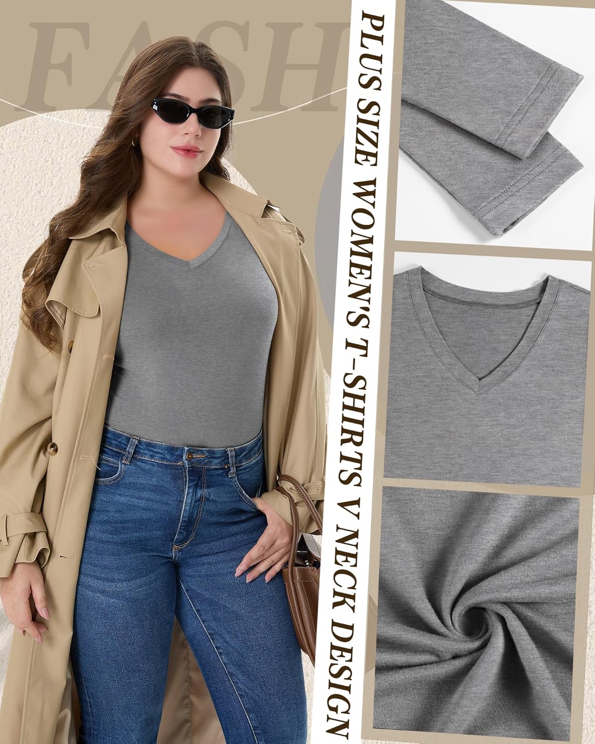 3 Pack Women's Plus Size T-Shirts Long Sleeve V Neck Slim Fitted Tunic Tops Casual Stretchy Basic Tee Shirt Xl-5XL - Image 2