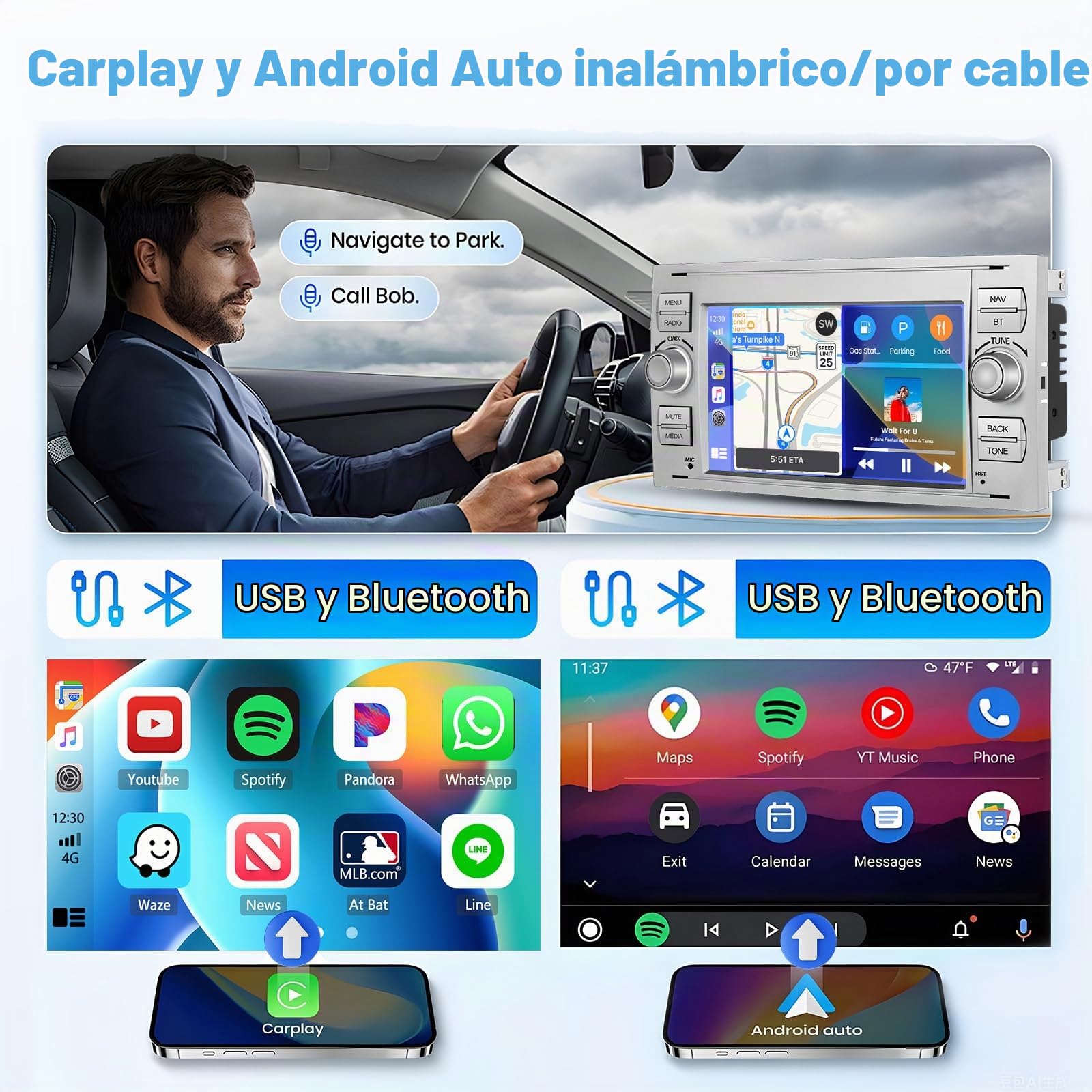 2G 64G Radio Coche Inalámbrica Carplay para Ford Fiesta Focus Transit Mondeo C-MAX S-MAX 7'' 2 DIN Android13 Pantalla Radio con GPS Android Auto Bluetooth WiFi RDS FM Mic Cámara Trasera (Blanco)