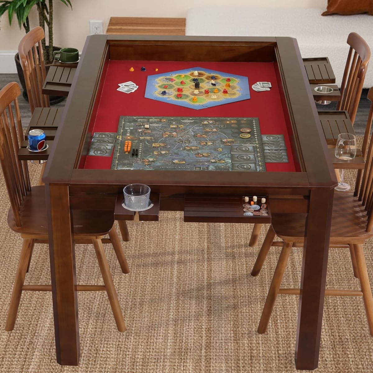Solid Wood Board Game Table for 4–6 Players, Dining & Gaming Table with Big Play Area, Removable Top, Neoprene Play Mat, Leaf Storage Rack, 6 Cup Holders & Hobby Trays, 63"L × 39.4"W × 30.3"H