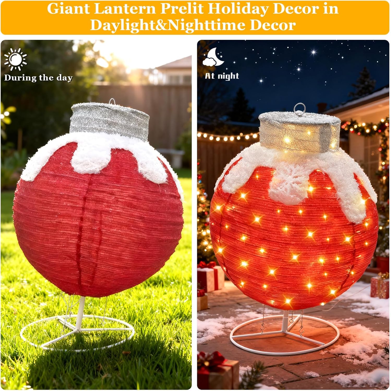Outdoor Pop-Up Christmas Balls Lighted, Christmas Ornament Set – Holiday Ball Decorations with 60 LED Lights, Collapsible Light Up Hanging Lantern Ball for Home, Yard, Lawn Decor-Red