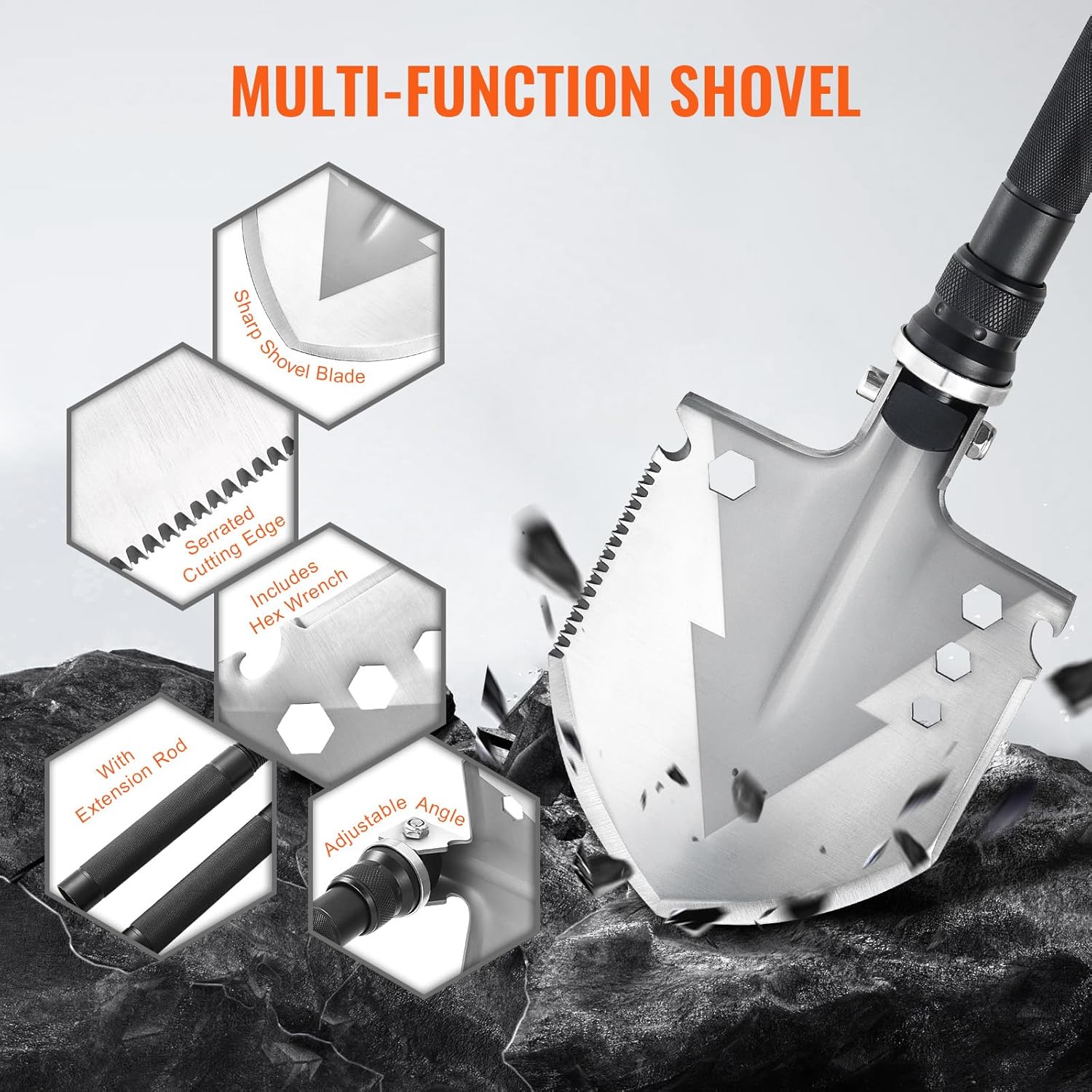 Happybuy Survival Shovel, 11-in-1 Folding Multitool, Military Grade, Compact, for Camping & Outdoor Adventures