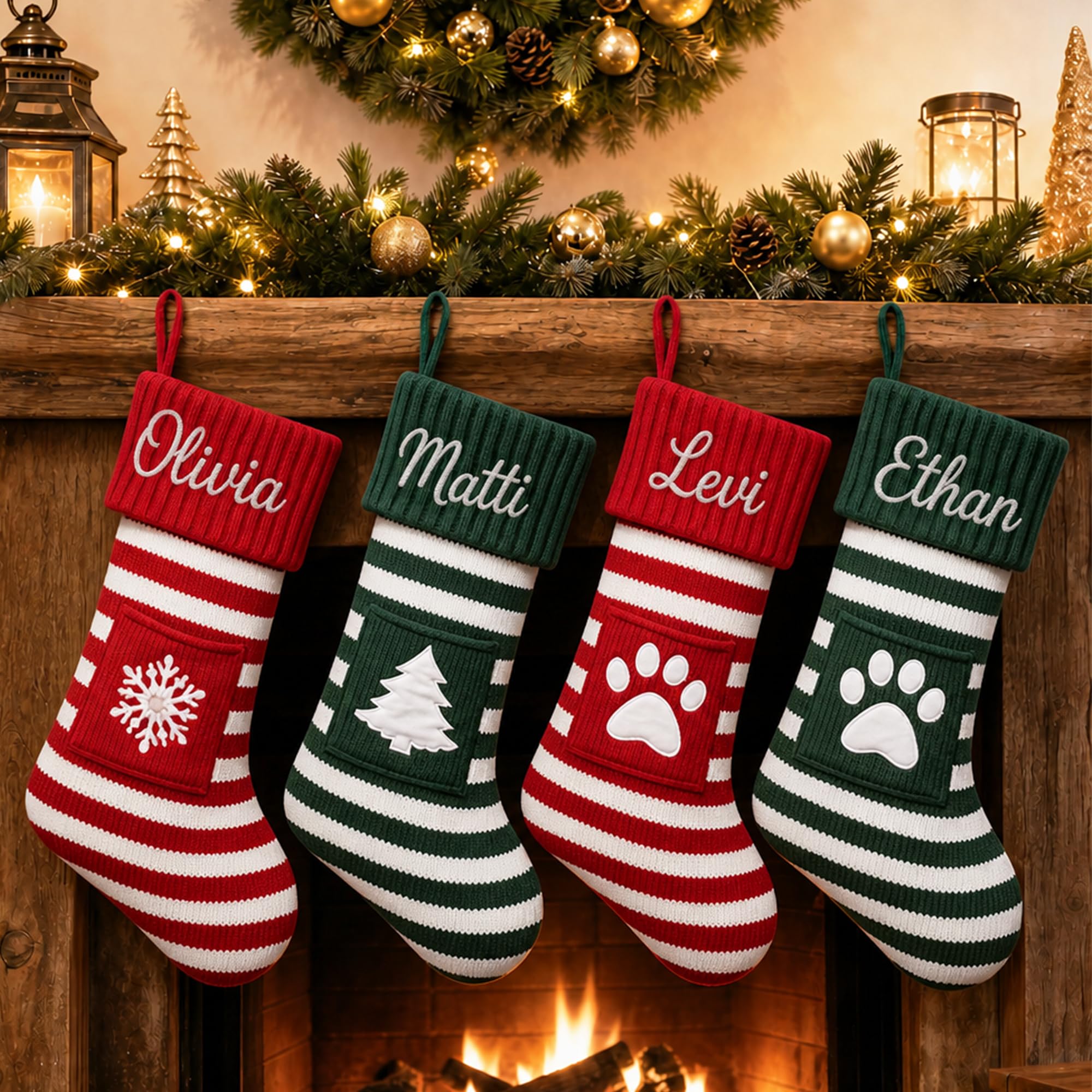 Personalised Christmas Stockings 19.3 Inch Large, Custom Embroidered Name Xmas Stockings with Pocket 3D Snowflake Reindeer Dog Paw for Family Kids Pet, Fireplace Xmas Tree Decor(Style 18-1 Pack)