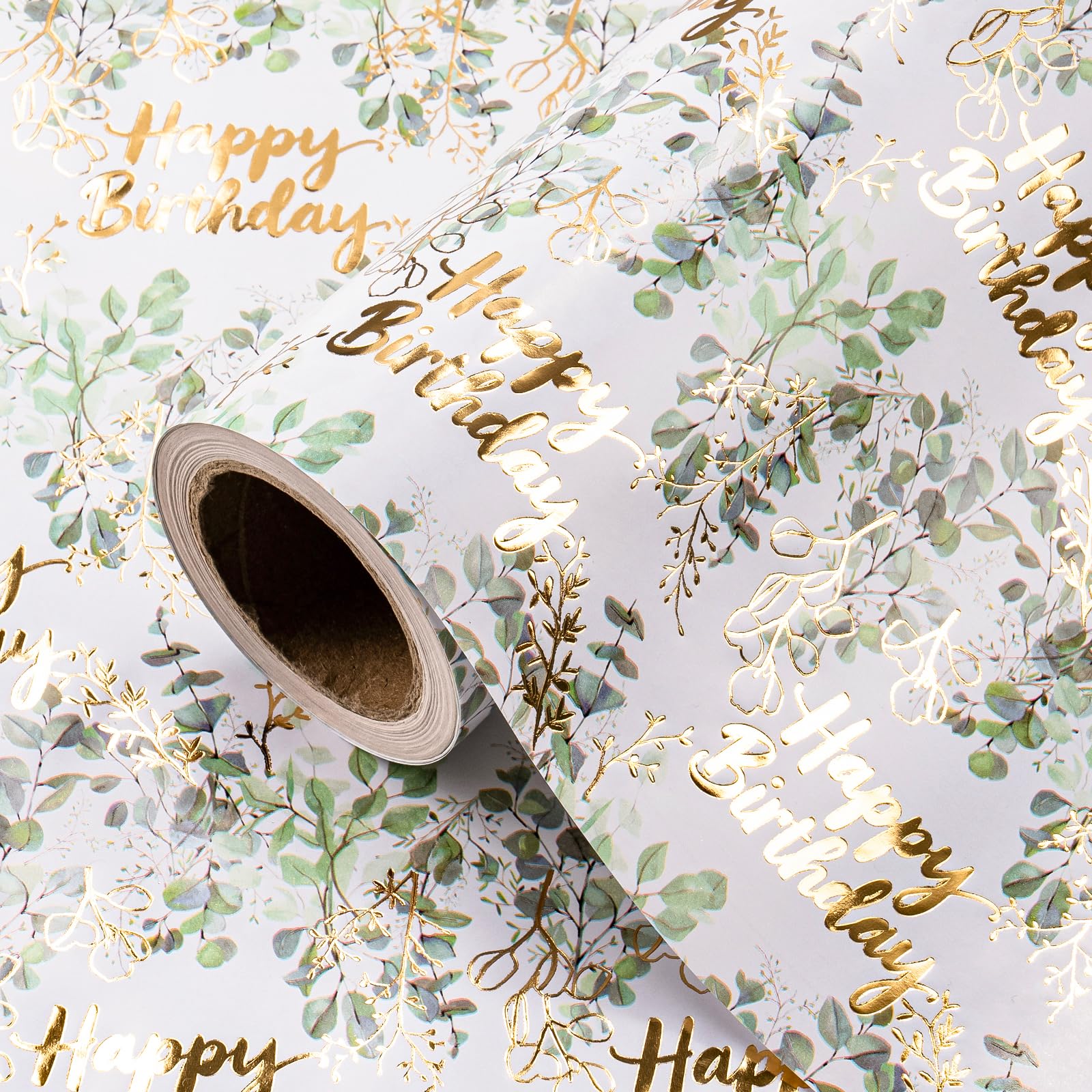 RUSPEPA Eucalyptus Birthday Wrapping Paper Roll - Mini Roll - 43.2cm x 5m - Gold Foil Happy Birthday Eucalyptus Sage Green Wrapping Paper for Kids Adult, Party, Celebrations