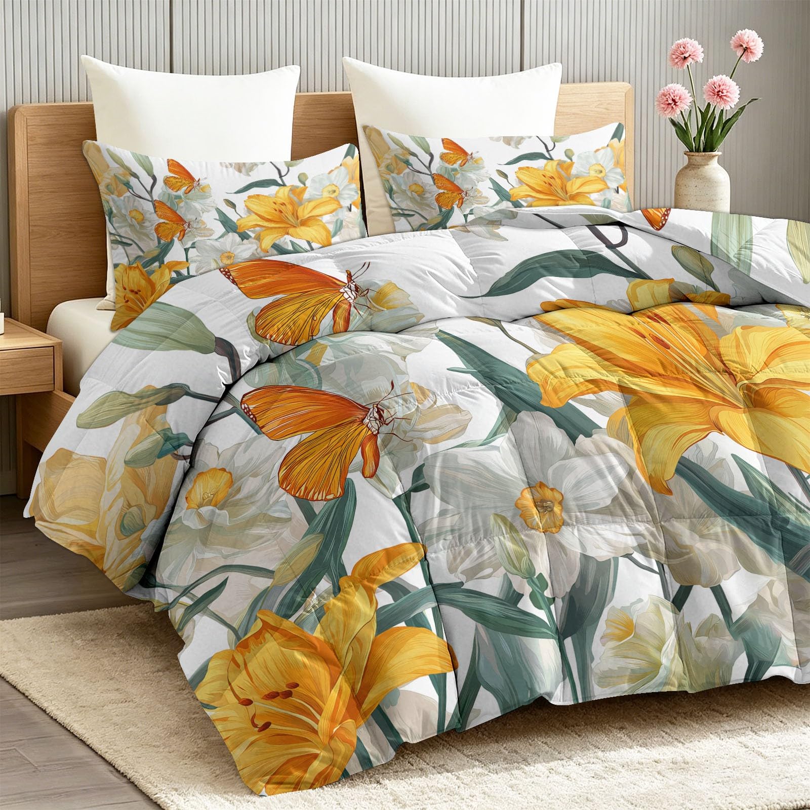Edredón botánico reversible de 140x200 cm diseño campestre de lirio y mariposa con dos fundas