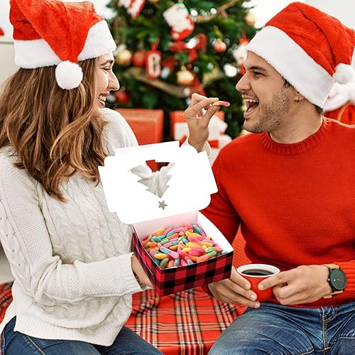 Miniatura 7 de Ruisita Paquete de 30 cajas de cupcakes de Navidad a cuadros, cajas de panadería con 4 agujeros, cajas de regalo de galletas con ventana roja y