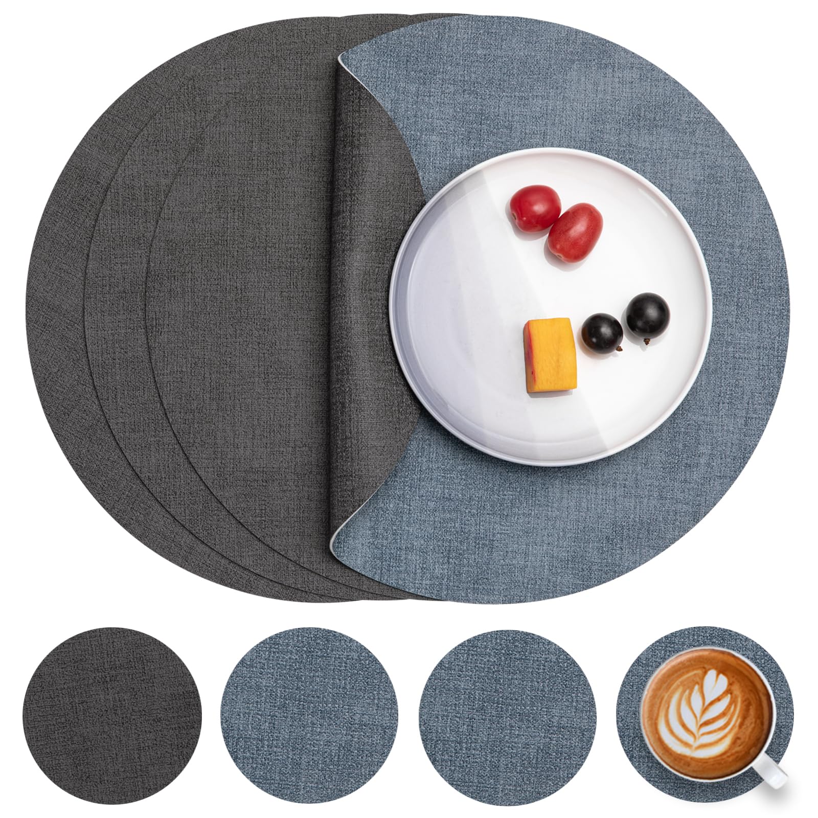 Myir JUN Round Placemats and Coasters Set of 4 Dual Sided Leather Place Mat