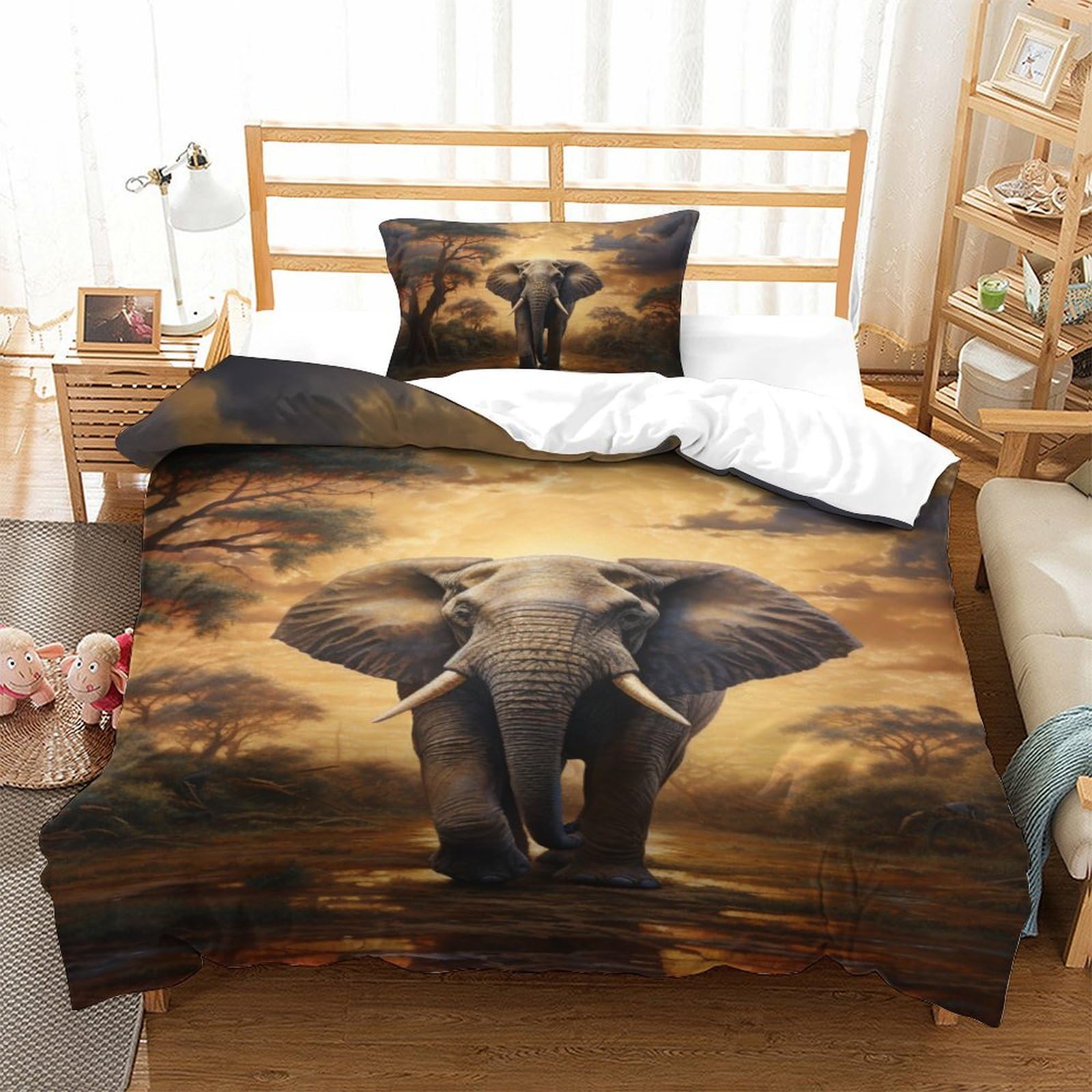 Housse de couette éléphant 3D anti-froissage avec fermeture éclair pour lit simple