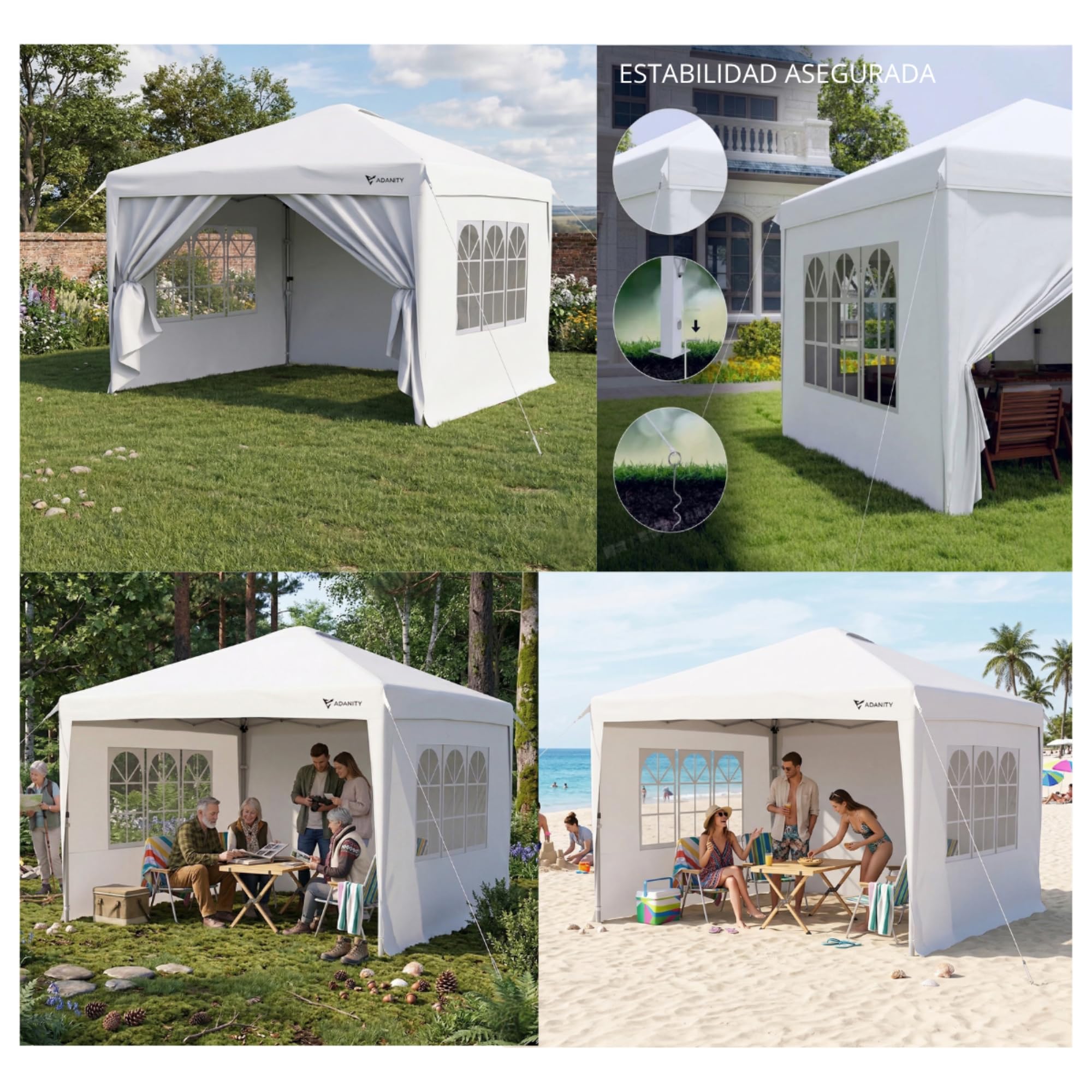 Carpa Plegable 3x3 m Blanca para Bodas y Catering | Cenador Jardín 4 Paredes (Ventanas y Puerta) | Lona Oxford 210D Impermeable UV | Estructura Acero | Incluye Bolsa y Kit Anclaje