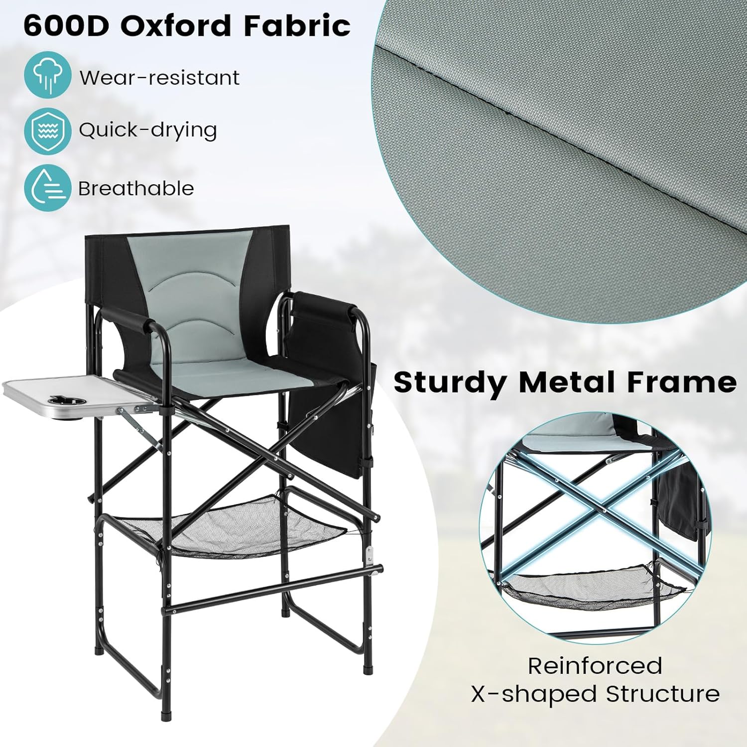 Giantex 46-Inches Tall Directors Chair, Folding Camping Chair with 31" Seat Height, Side Table, Cup Holder, Footrest, Mesh Bag, Storage Pocket, Foldable Bar Stool for Makeup Artist, Lawn, Picnic, Yard