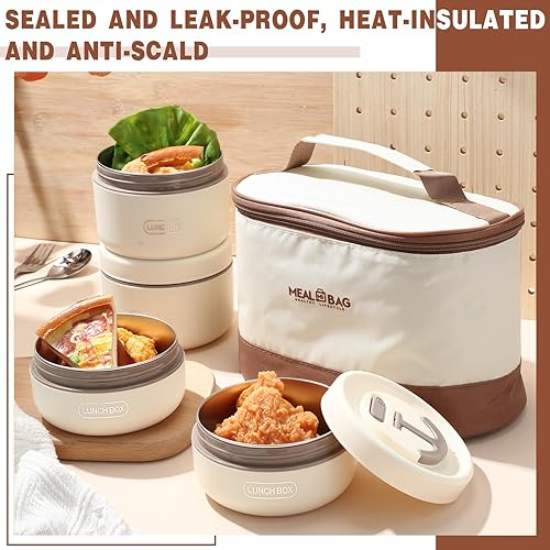 Miniatura 2 de Dandat 4 cajas Bento aisladas, contenedor portátil de acero inoxidable para alimentos, redondo, apto para microondas, apilable, a prueba de fugas,