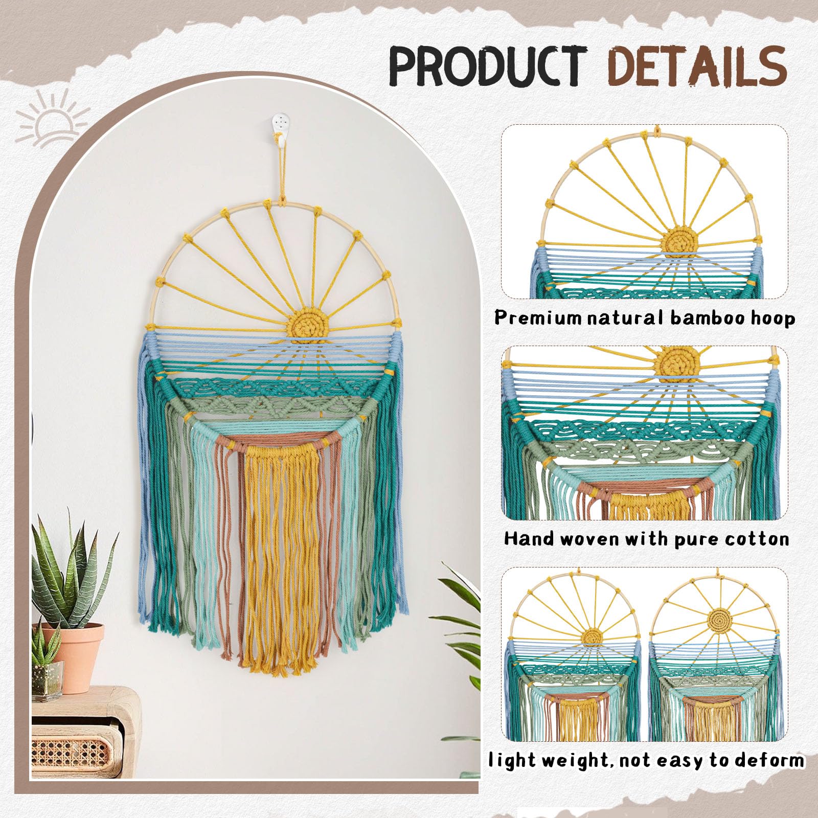 Lucxhcky Boho Makramee Wandbehang 2er Set - Sonnenaufgang & Sonnenuntergang Gewebter Wandteppich für Schlafzimmer, Wohnzimmer, Kinderzimmer, Böhmische Wanddekoration, ästhetische Wandkunst (Sonne)