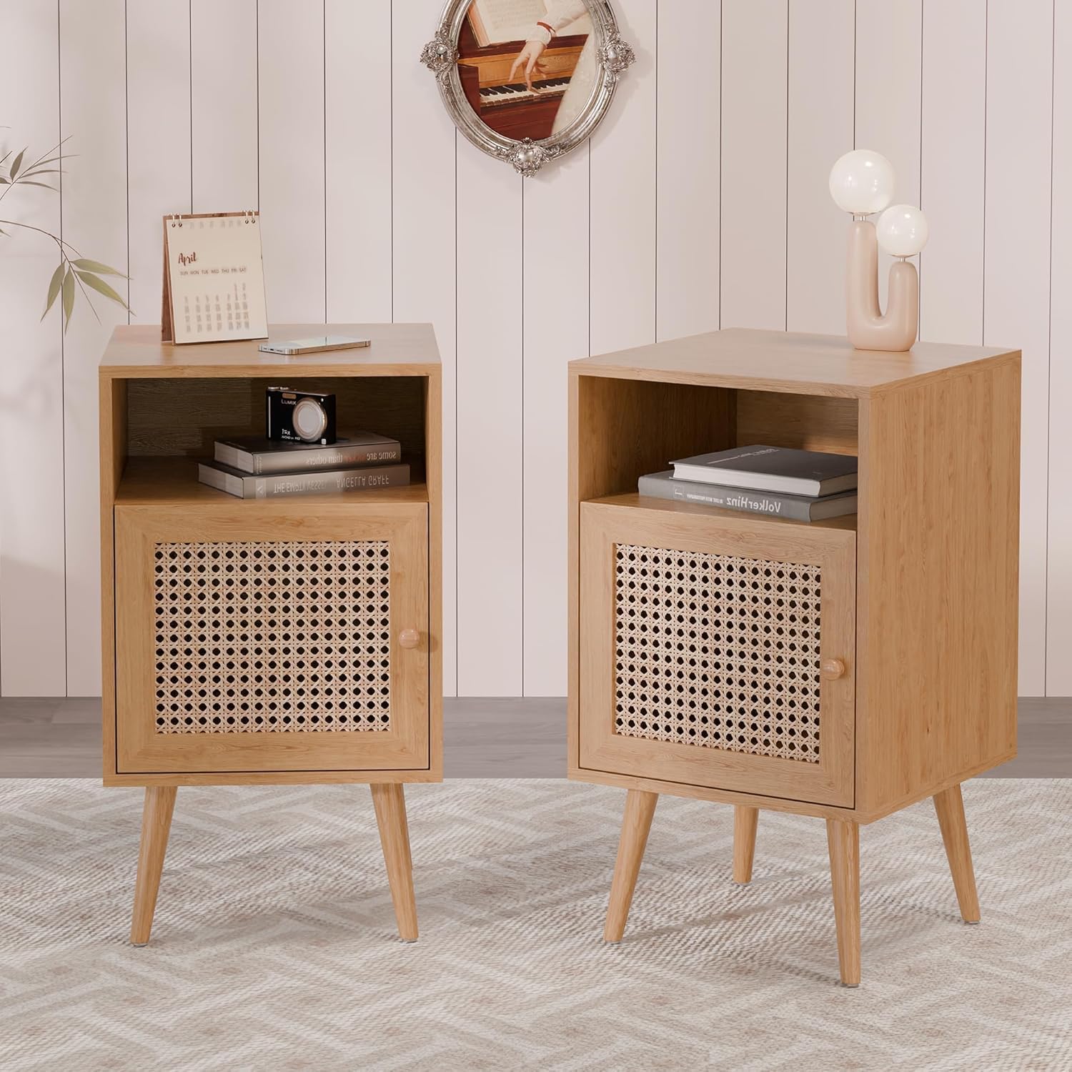 Xilingol Modern Rattan Nightstand Set of 2,Boho Side Table with Handmade Rattan Decorated Door, Wood Bedside Table with Open Storage Shelf for Bedroom,Natural (no Charging Station, 2)