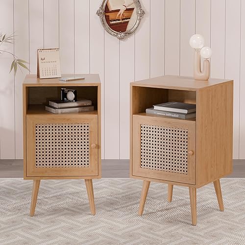 Miniatura 25 de Xilingol Moderna mesita de noche de ratán con estación de carga, mesa auxiliar bohemia con puerta decorada de ratán hecha a mano, mesita de noche de