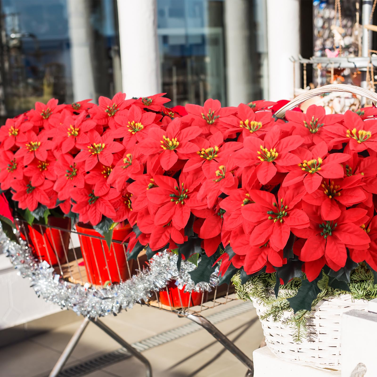 Tigeen 80 Pcs Christmas Artificial Poinsettia Flowers 7 Heads Faux Poinsettia Bush Bouquets Artificial Poinsettia for Outdoor Cemetery Xmas Wreath Wedding Garden Decorations (Red)
