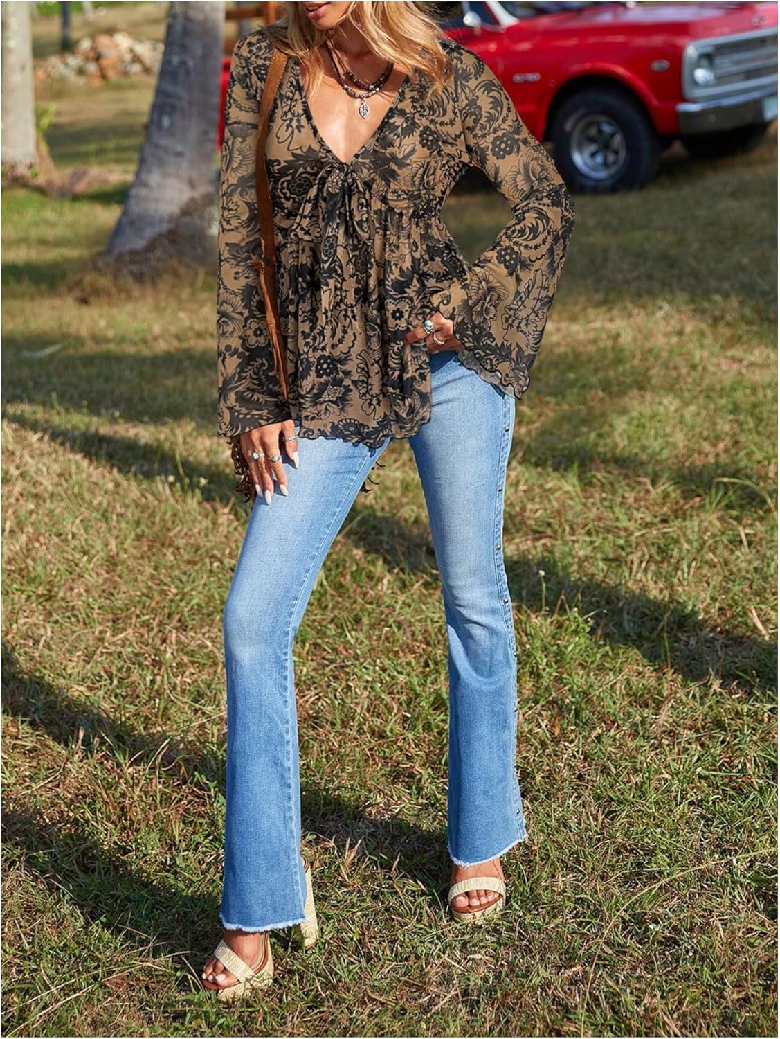 Milumia Women's Boho Paisley Mesh Peplum Top V Neck Bell Long Sleeve Western Rave Tops - Image 4