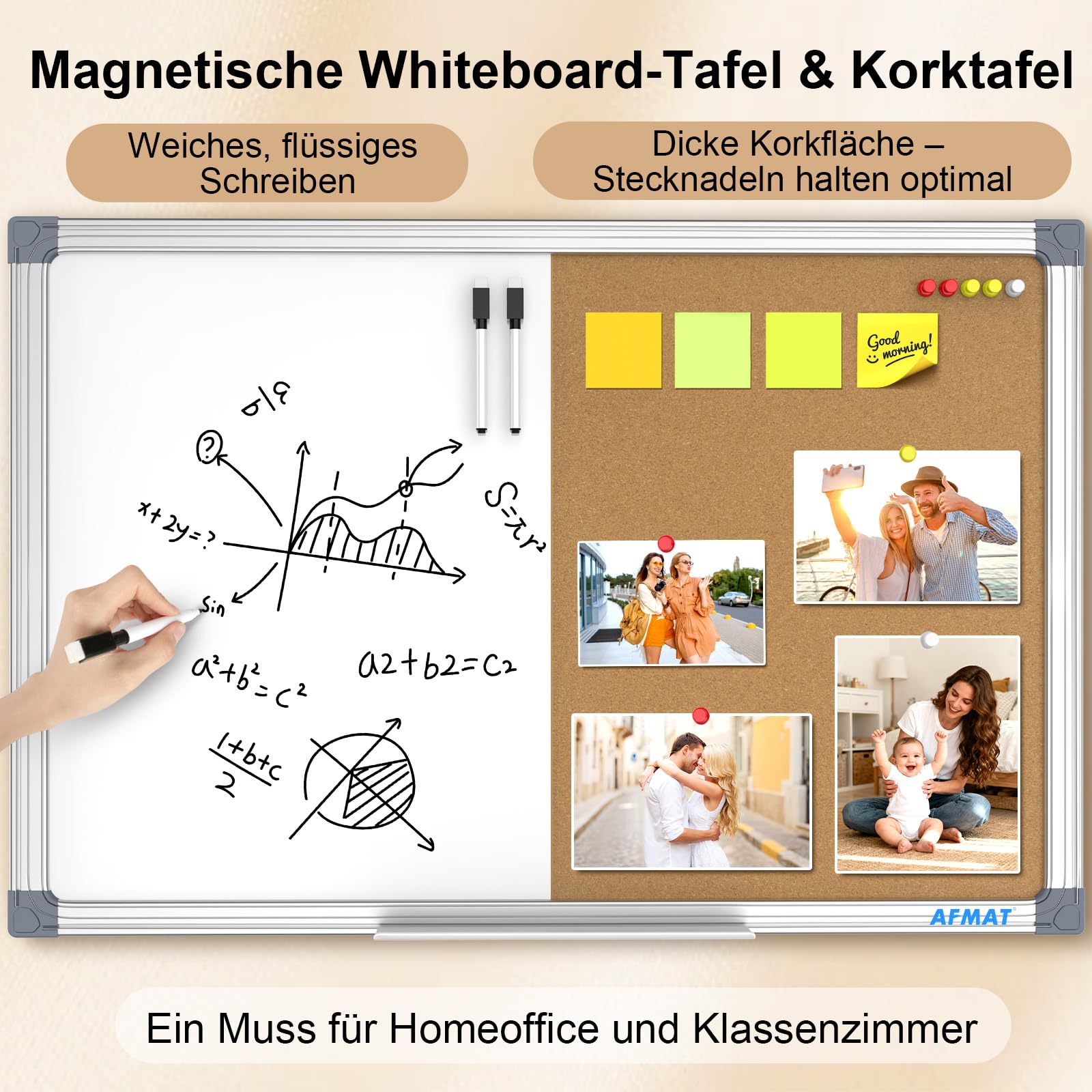 AFMAT Kombitafel Kork-Pinnwand Whiteboard Kombination 60x90 cm, Trocken Abwischbare Magnettafel und Korktafel,Magnetische,Magnettafel White Board Korktafel Kombination für Büro,Homeoffice,Schule,Küche