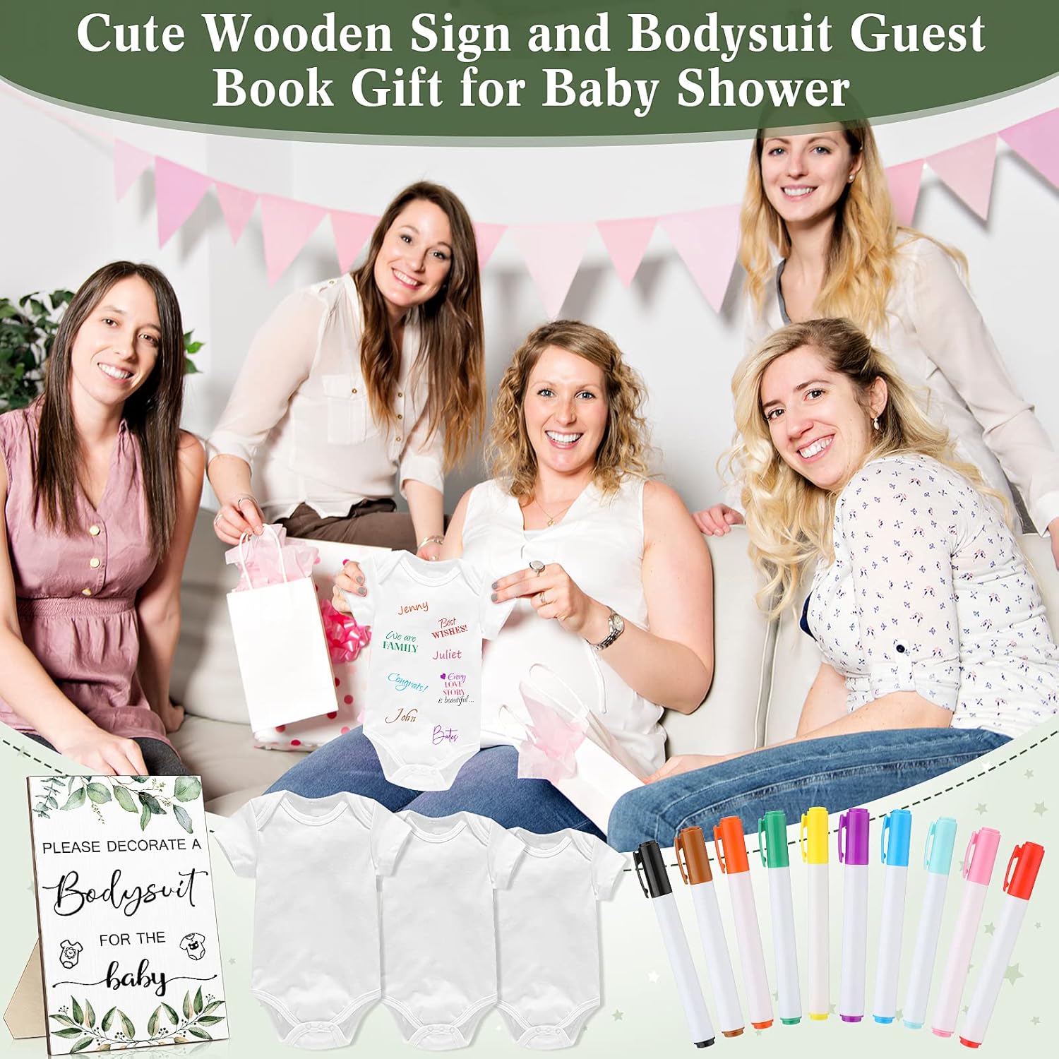 Handepo 26 Pcs Baby Shower Games DIY Bodysuit Set 1 Wooden Sign 15 White Bodysuits 10 Fabric Markers for Birth Decorating Kit(Green Leaves)