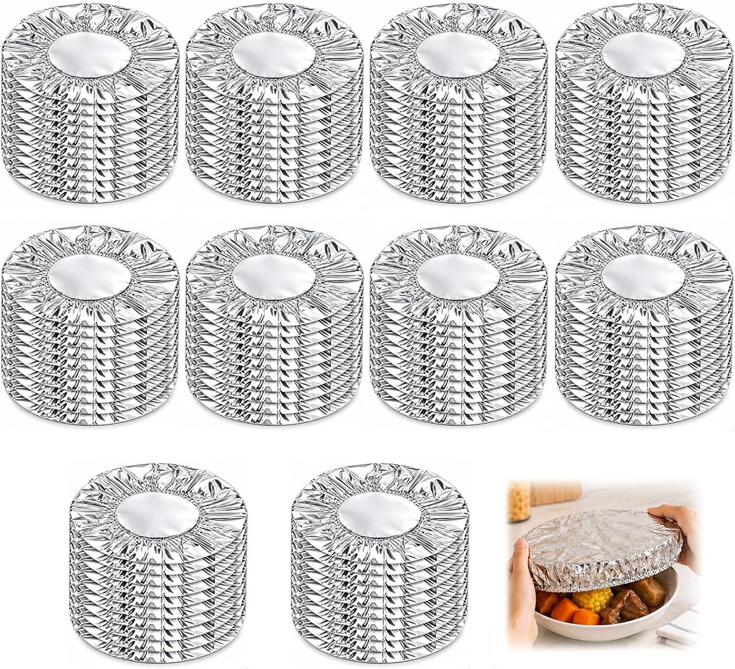 Aluminum Foil Food Covers with Elastic Edge, Flexible Food Lids for Bowls, Plates and Containers, Reusable Kitchen Meal Covers for Picnic and Daily Use (20cm, 100pcs)