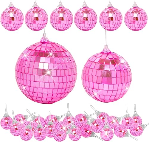 Paquete de 32 mini bolas de discoteca decorativas de diferentes tamaños de bola de espejo con cuerda para colgar, adorno de bola de discoteca para