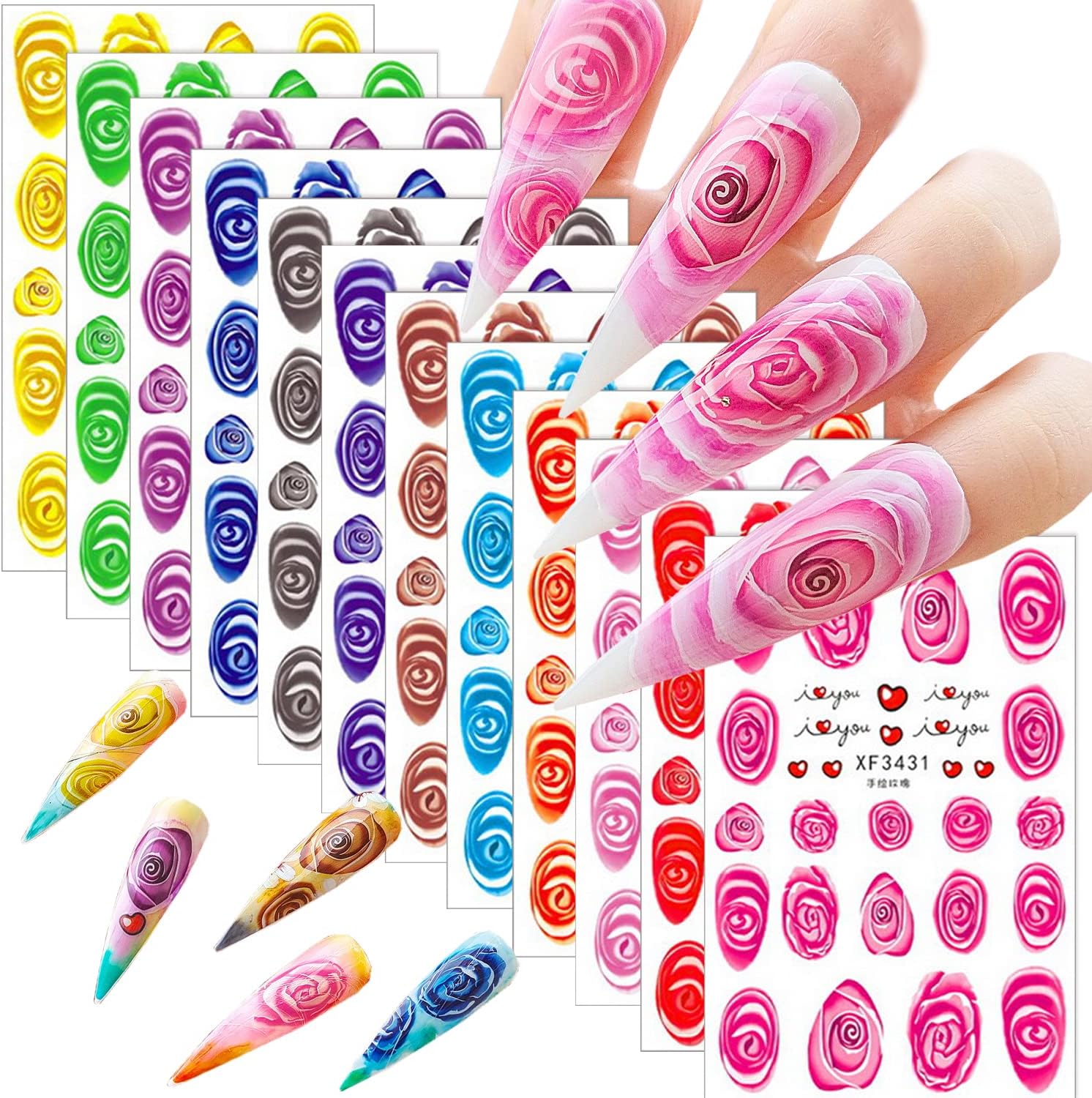 12 Sheets Flowers Nail Art Sticker Decals Flower Rose Nail