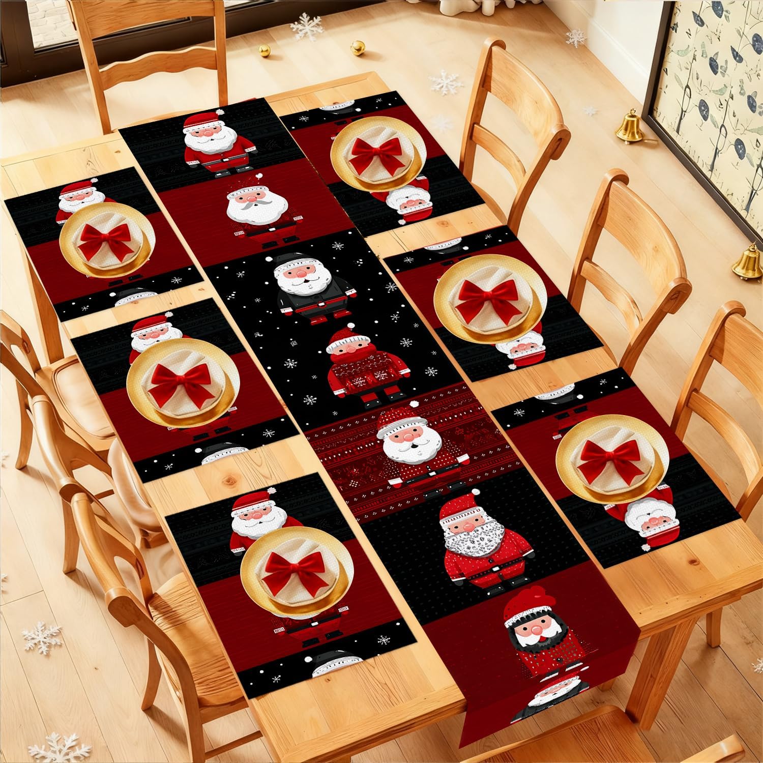 7 Pcs Christmas Table Runner and Placemat Sets,13 x 72 Inch Xmas Buffalo Plaid Runner Snowman Tree Santa Deer Dining Mats Decoration for Winter Holiday Kitchen (Santa Claus)