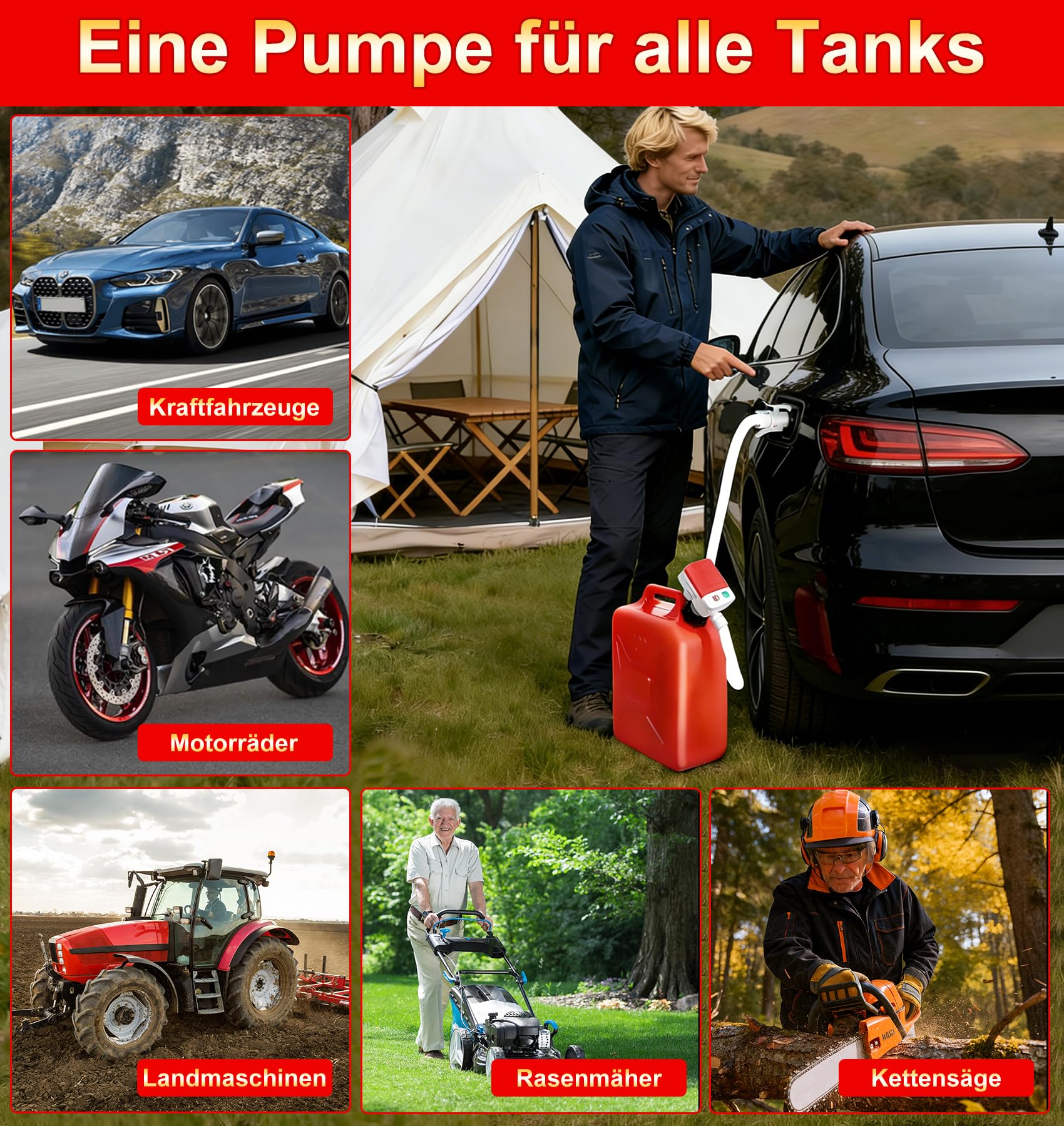 Kraftstoffpumpe mit Auto-Stopp-Sensor, 3.2GPM(12L/min) Dieselpumpe & Benzinpumpe für Kanister, Öl und Wasser – Mit flexiblem Schlauch für Traktor, Generator, Rasenmäher mit 3 Adaptergrößen (12L/min)