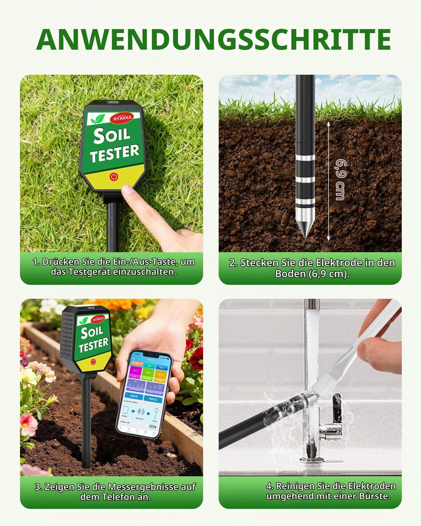 8-in-1 Bodenmessgerät mit APP-Überwachung, Messgerät Erde mit pH/EC/Temperatur/Feuchtigkeit/Fruchtbarkeit/Salzgehalt/Sonnenlicht/Umgebungsfeuchtigkeit für Garten