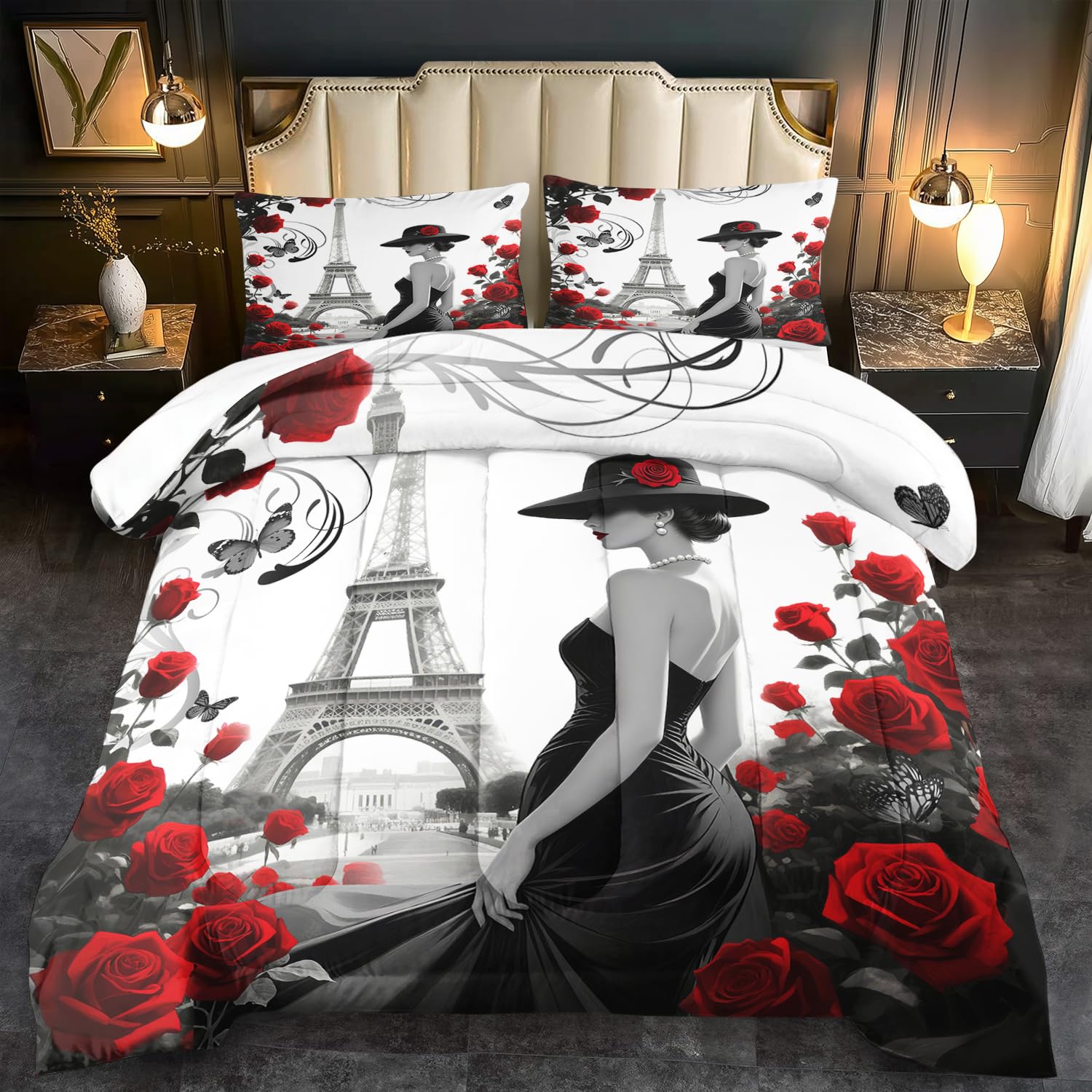 Paris Comforter Set King French Girl Comforter Women Paris Bedding Set Girls Red Rose Bedding Women Quilt Fashion Aesthetic Room Decor Eiffel Tower Decor for Home